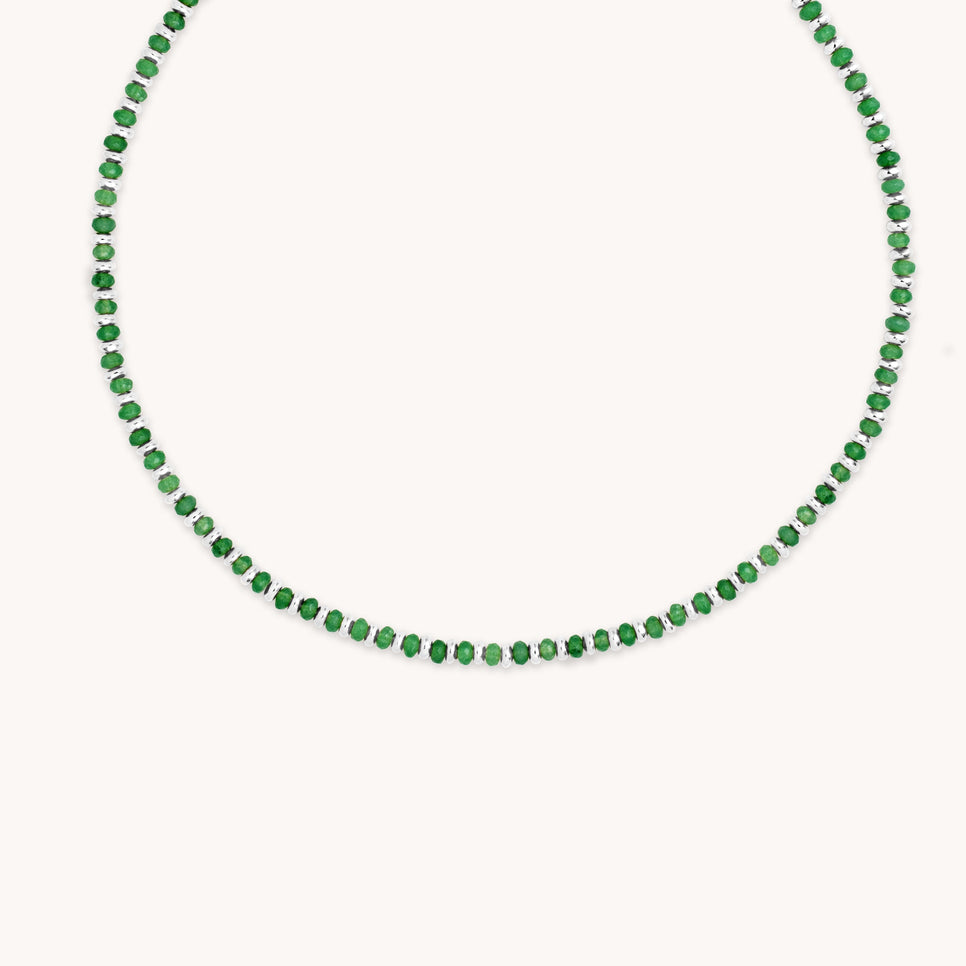 Green Agate Beaded Necklace in Silver