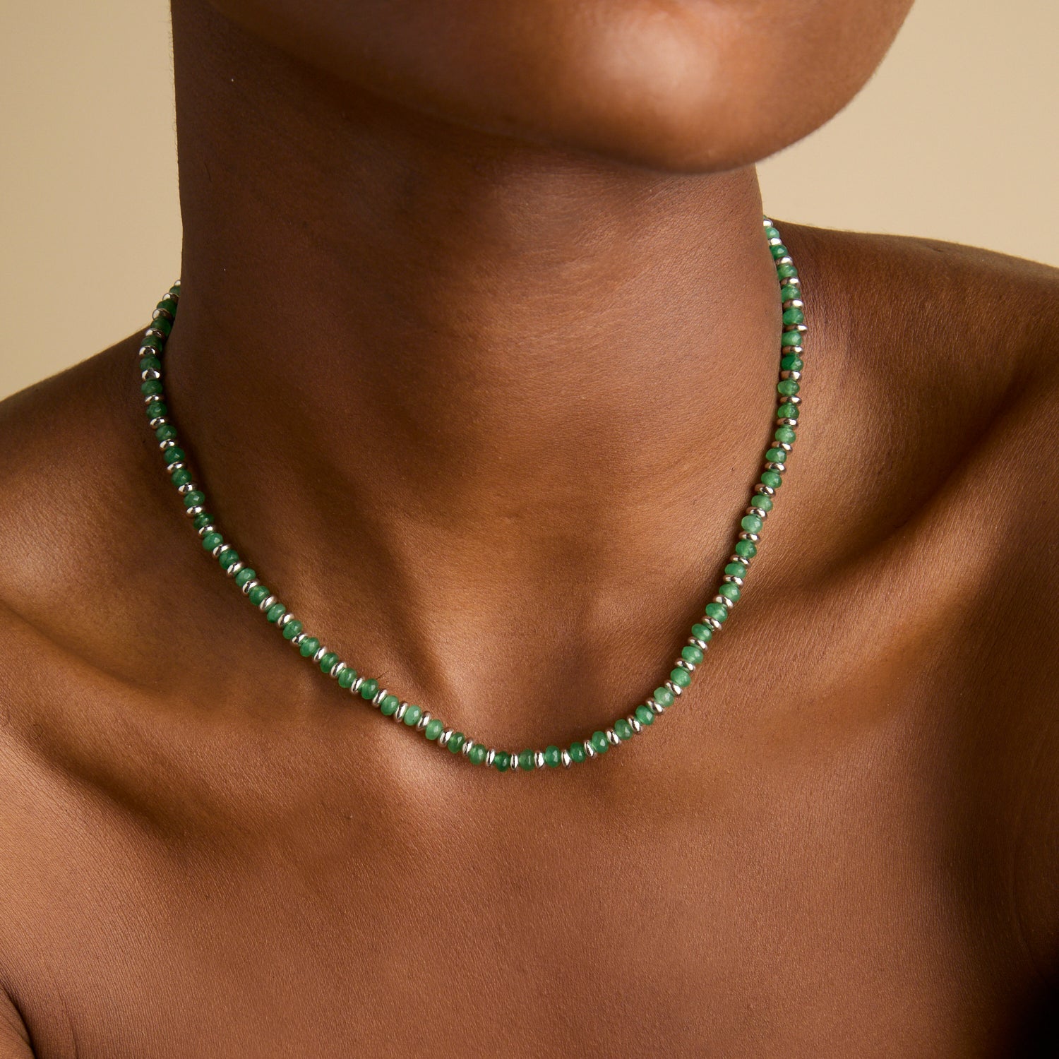 Green Agate Beaded Necklace in Silver