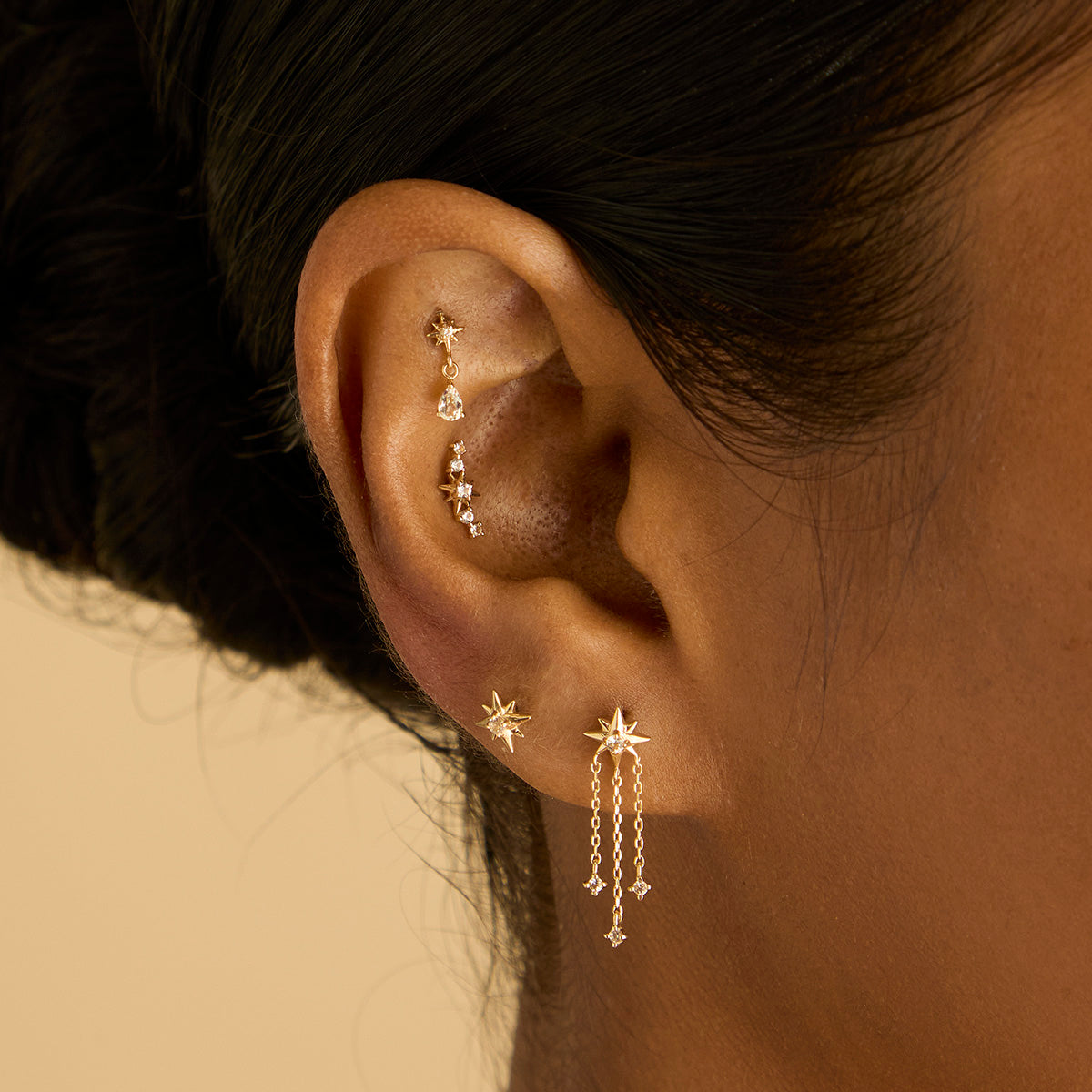 Shooting Star Chain Drop Studs in Solid Gold