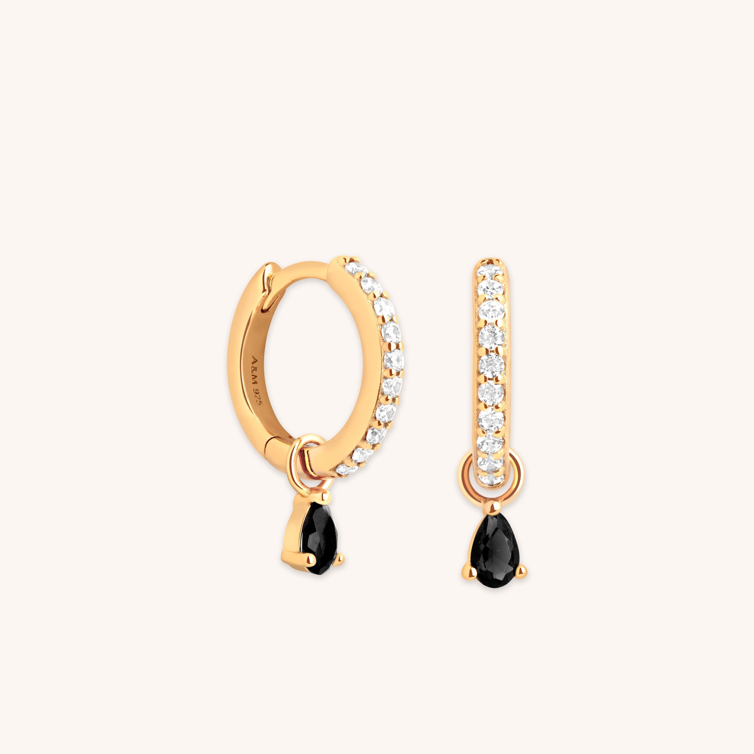 Black Pear Charm Huggies in Gold