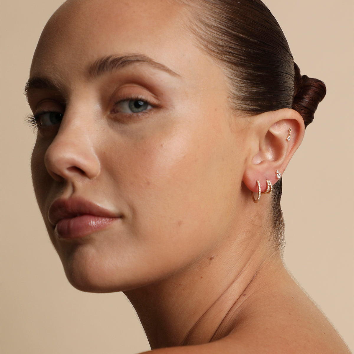 Diamond Double Gem Piercing Stud in Solid Gold-Astrid &amp; Miyu