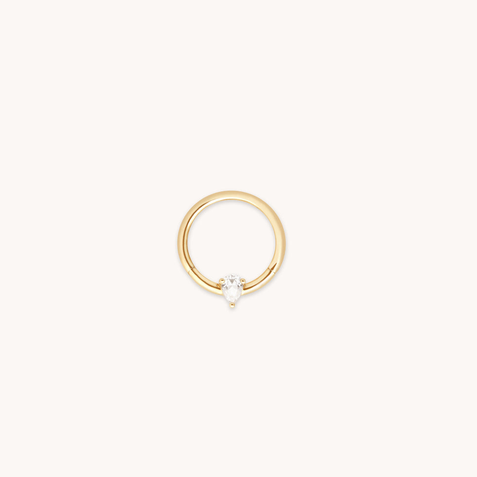White Topaz Pear Daith Hoop in Solid Gold