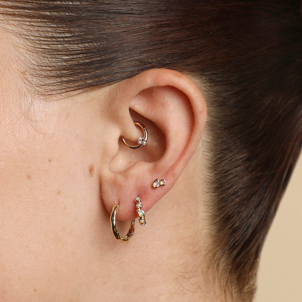 White Topaz Pear Daith Hoop in Solid Gold