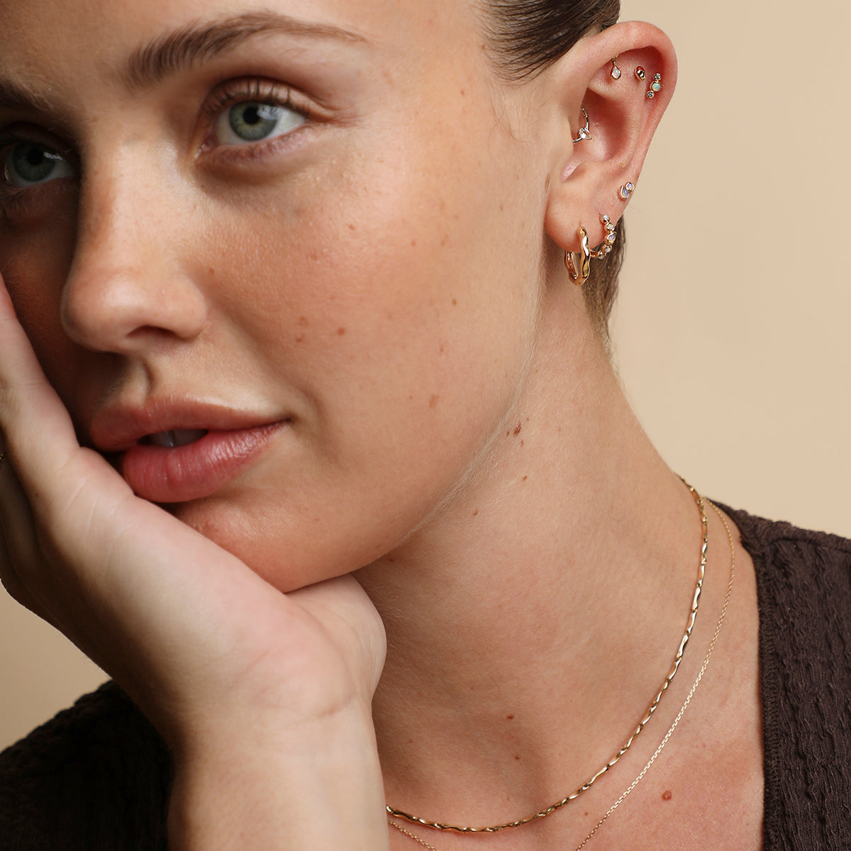 White Topaz Pear Daith Hoop in Solid Gold