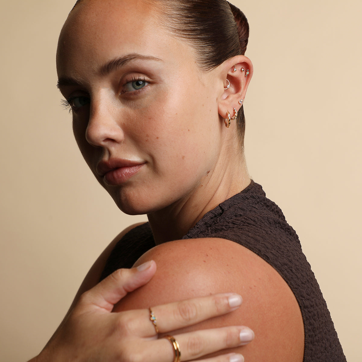 White Topaz Pear Daith Hoop in Solid Gold
