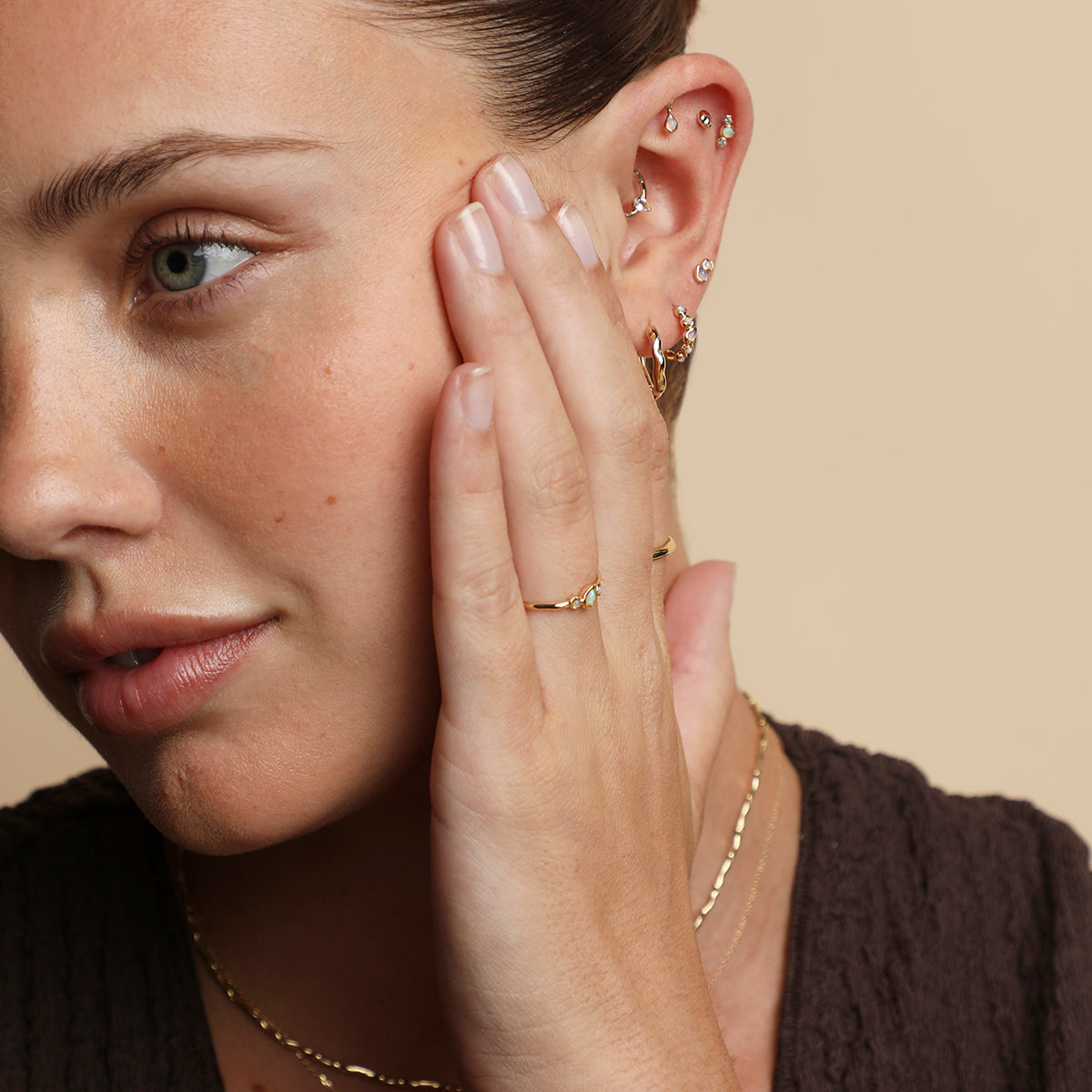 White Topaz Pear Daith Hoop in Solid Gold