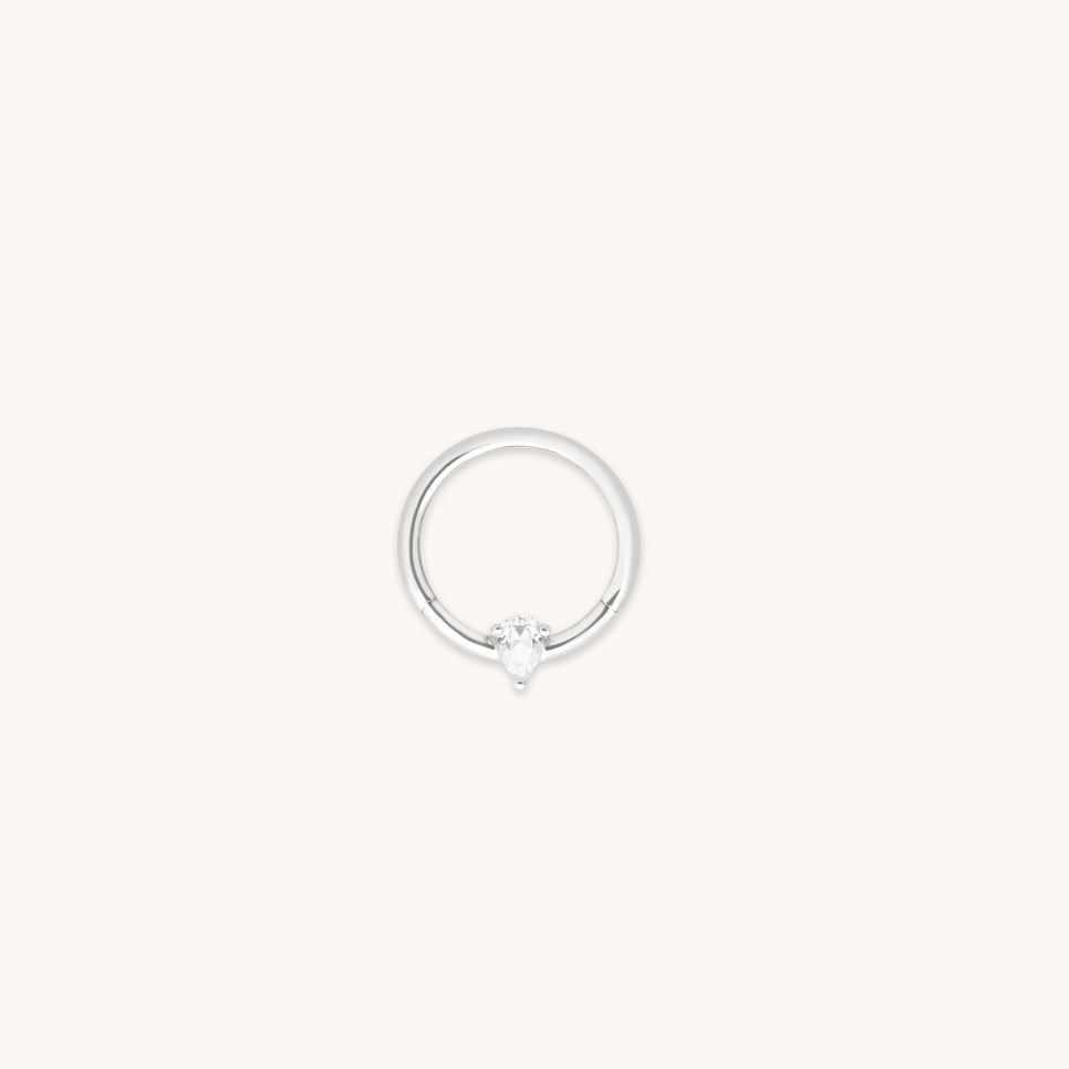 White Topaz Pear Daith Hoop in Solid White Gold
