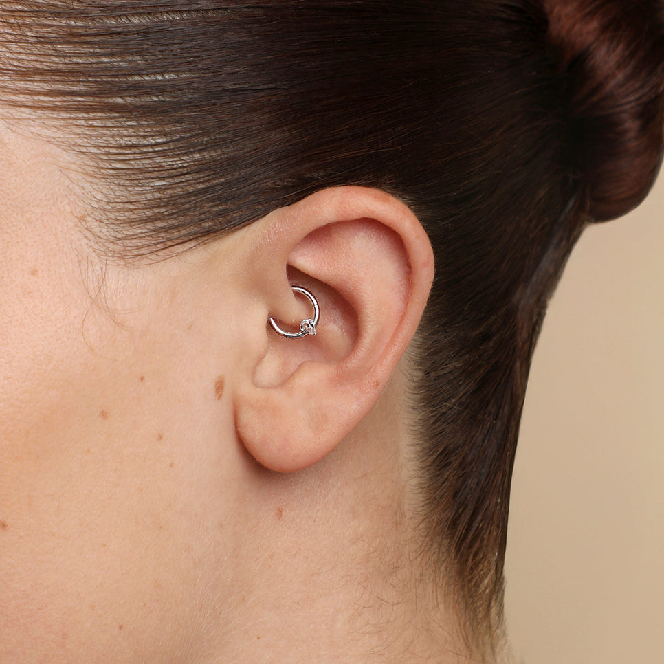White Topaz Pear Daith Hoop in Solid White Gold