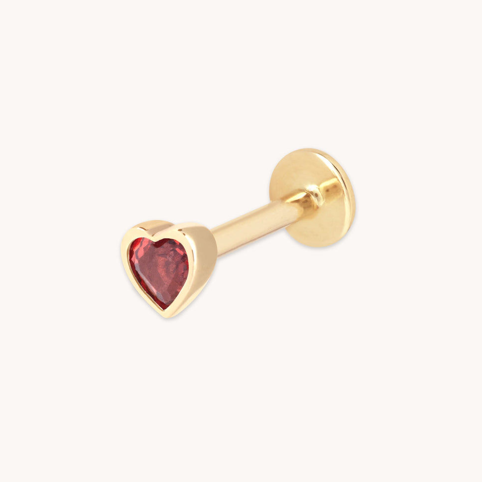 Garnet Heart Piercing Stud in Solid Gold