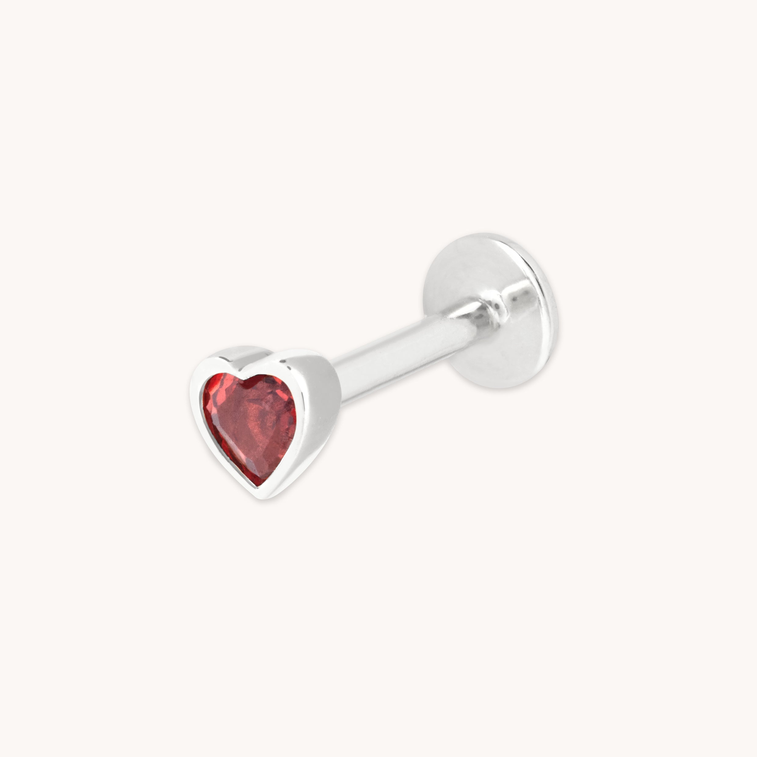 Garnet Heart Piercing Stud in Solid White Gold