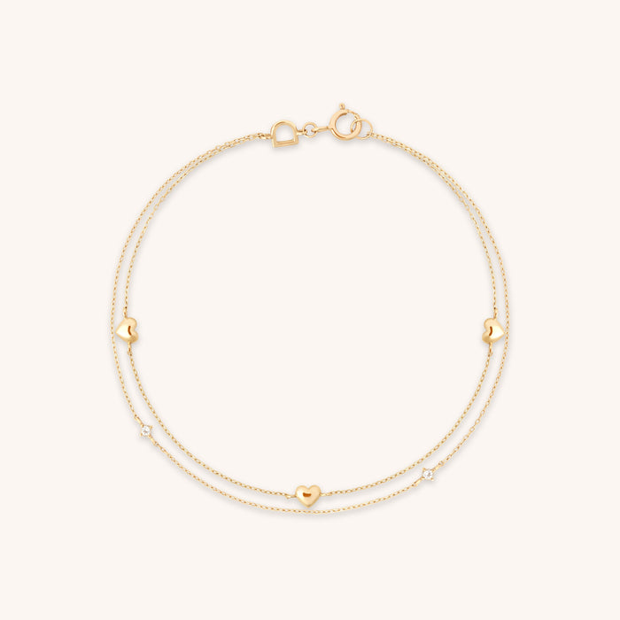 Heart Charm Double Chain Bracelet in Solid Gold