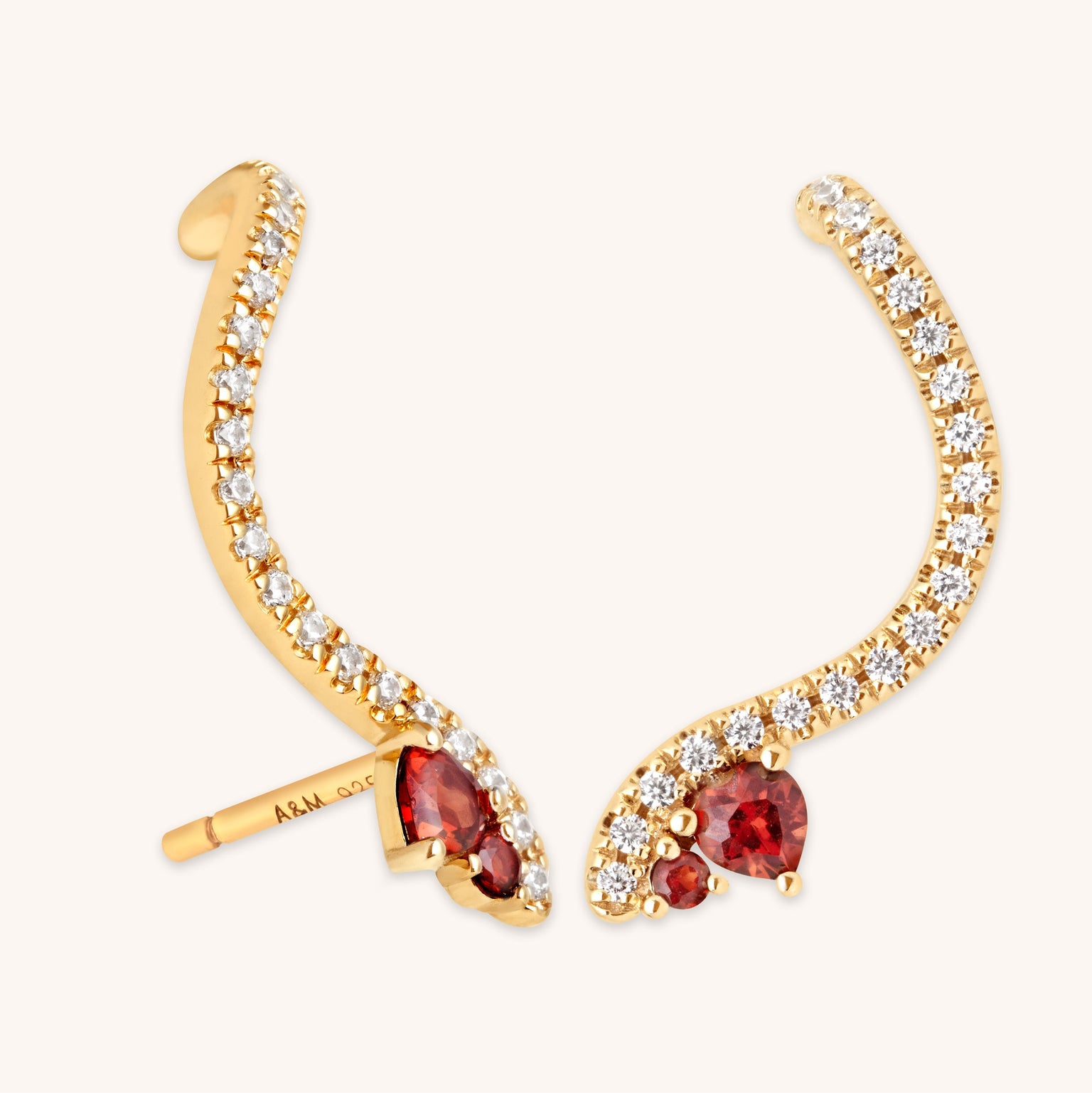 Garnet Serpent Climber Studs in Gold