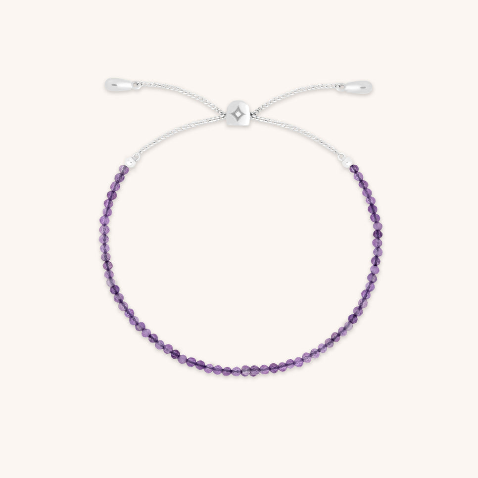 Amethyst February Beaded Bracelet in Solid White Gold