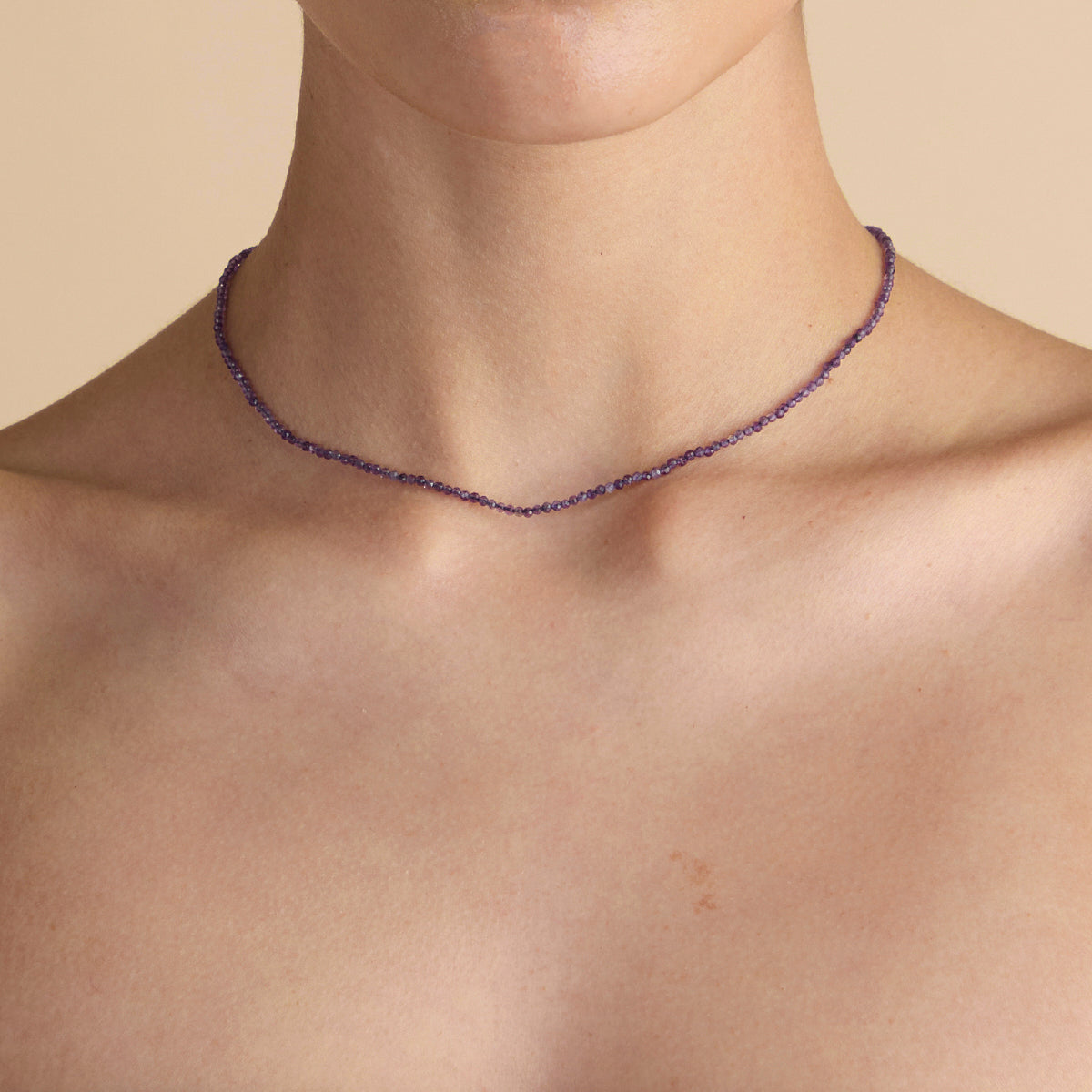 Amethyst February Beaded Necklace in Solid Gold