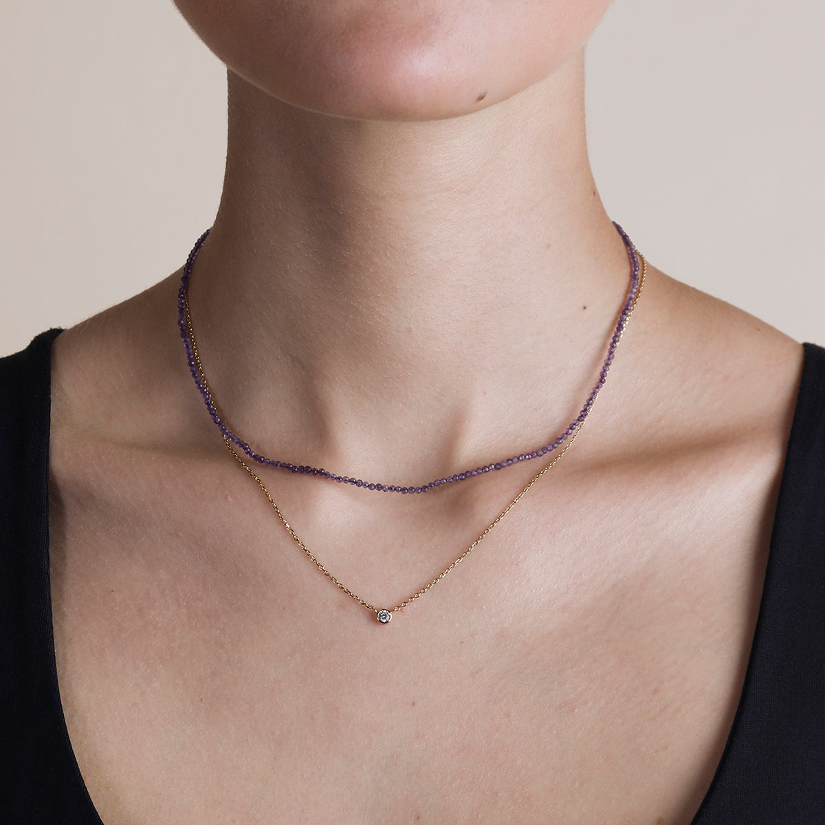 Amethyst February Beaded Necklace in Solid Gold