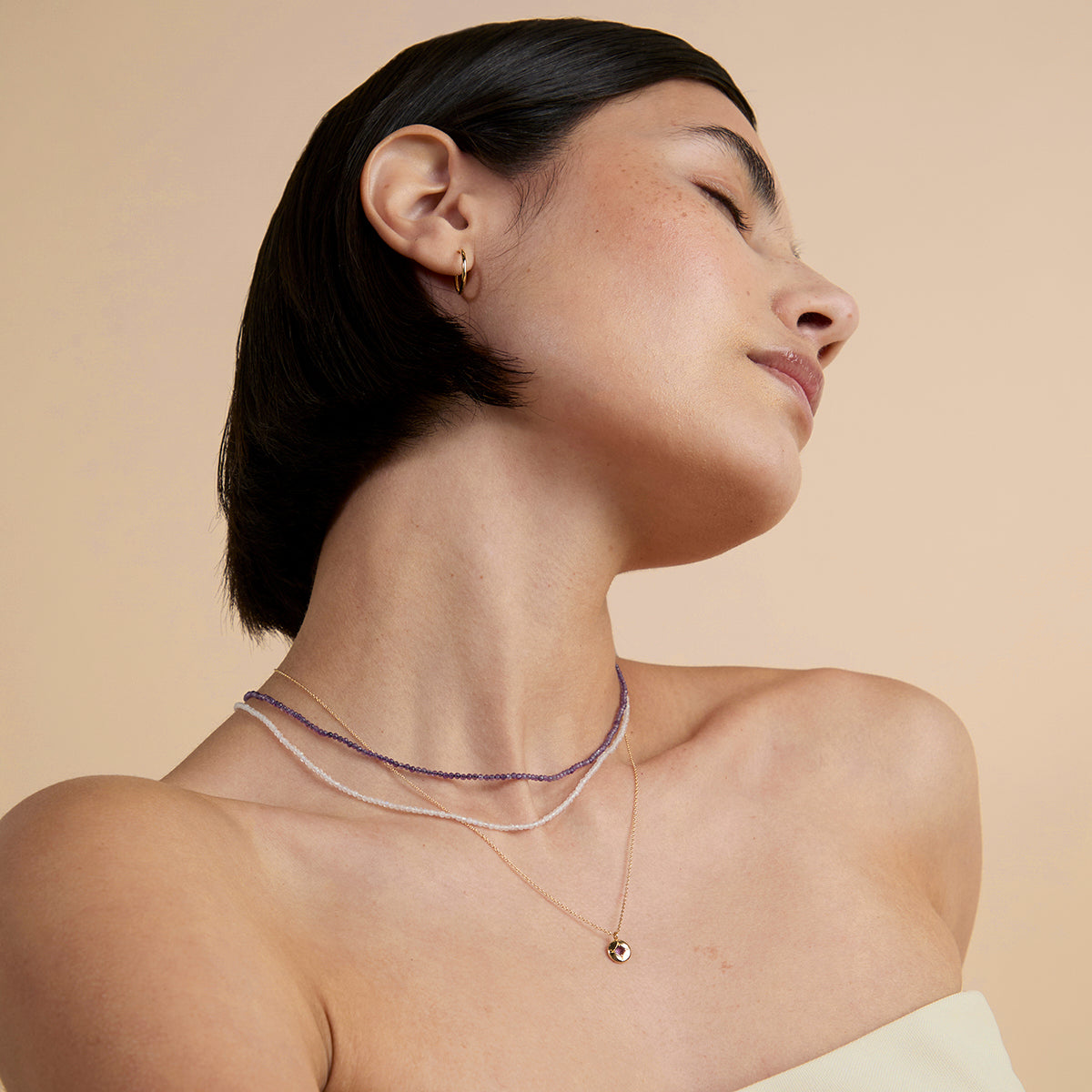 Amethyst February Beaded Necklace in Solid Gold