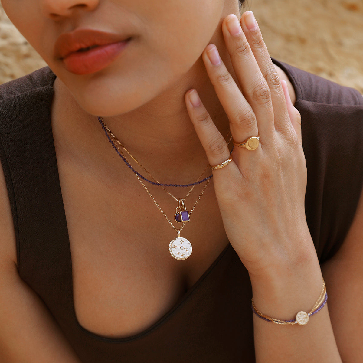 Amethyst February Beaded Necklace in Solid Gold