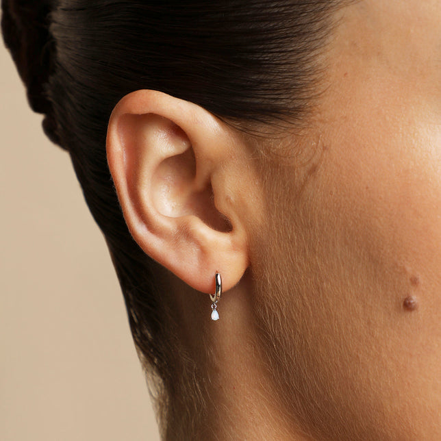 Moonstone Pear Charm Huggies in Silver