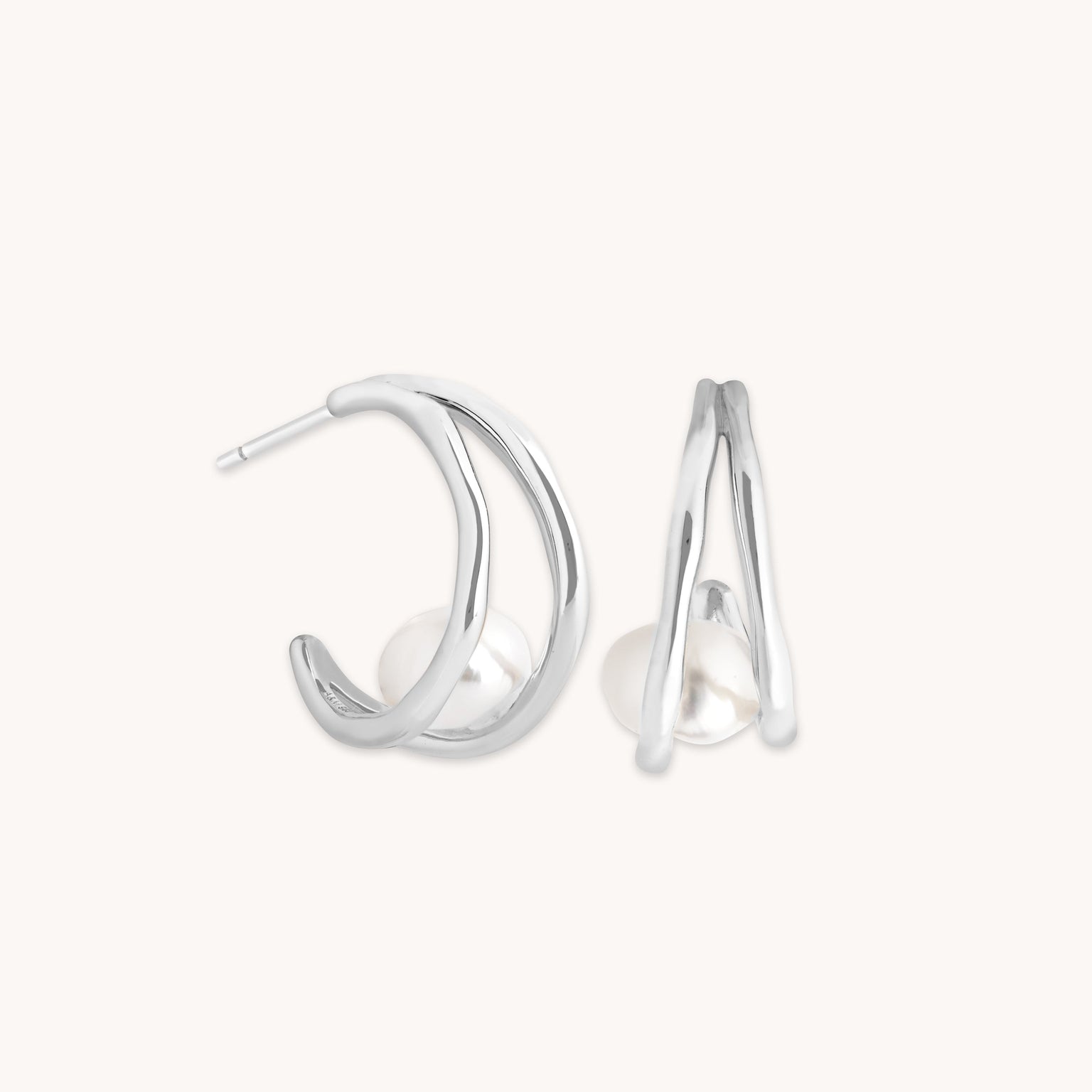 Molten Illusion Pearl Hoops in Silver