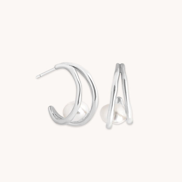 Molten Illusion Pearl Hoops in Silver