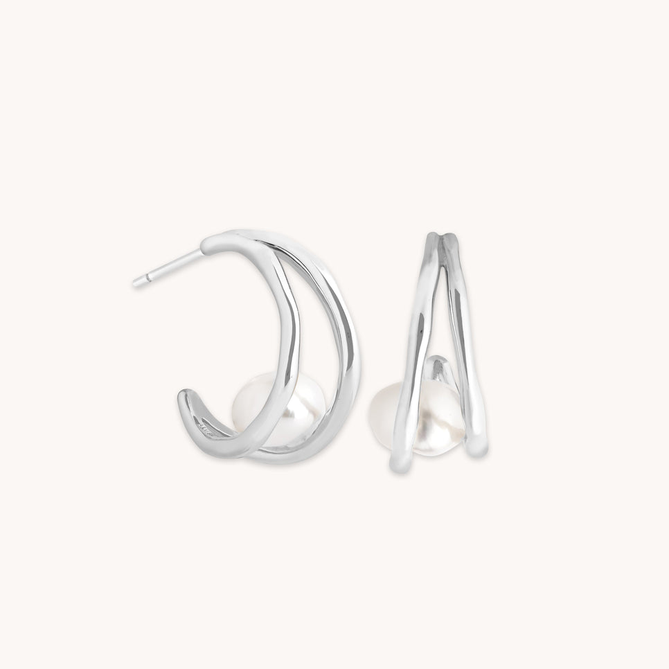 Molten Illusion Pearl Hoops in Silver