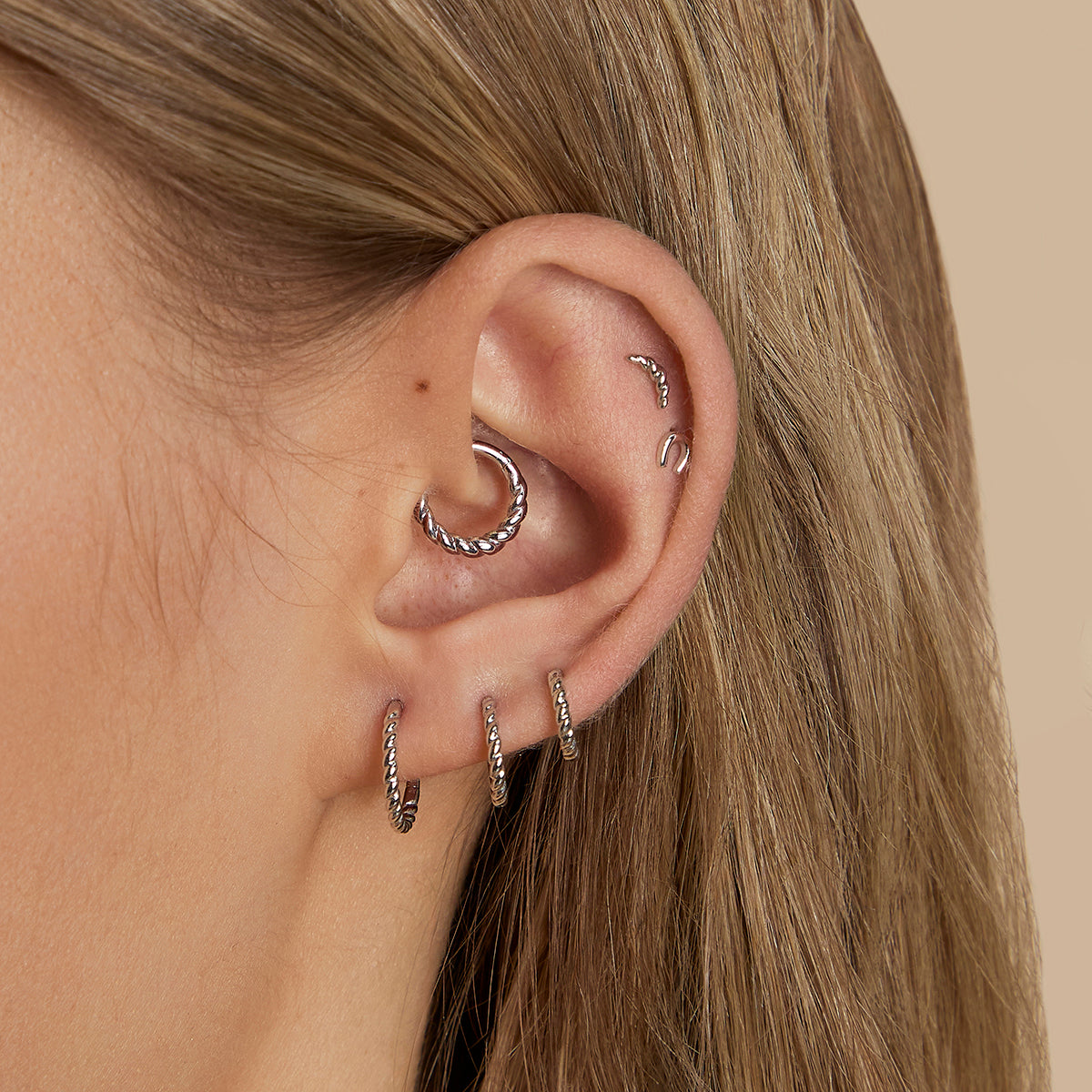 Twisted Rope Curved Piercing Stud in Solid White Gold-Astrid &amp; Miyu