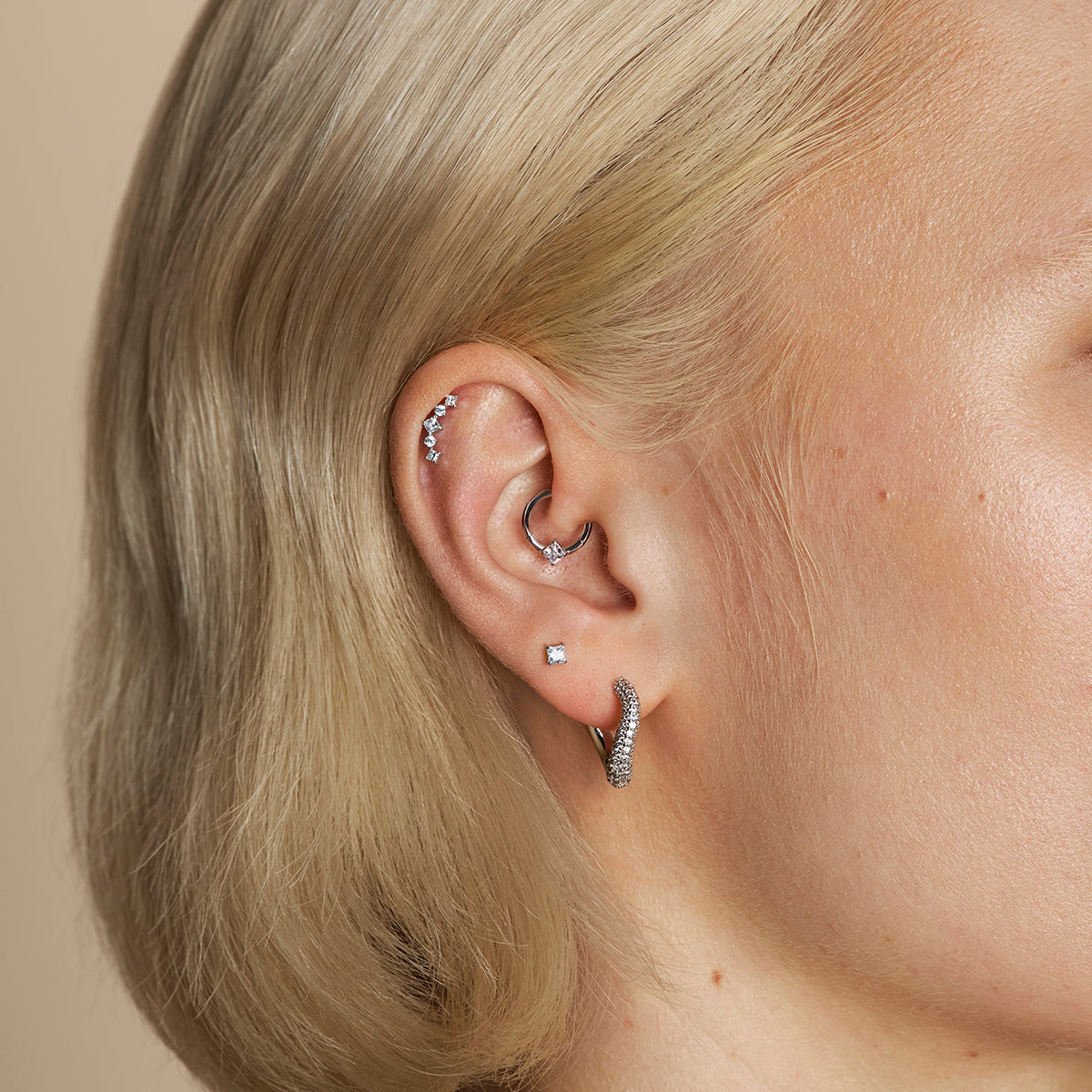 Curved Square Crystal Titanium Piercing Stud in Platinum-Astrid &amp; Miyu