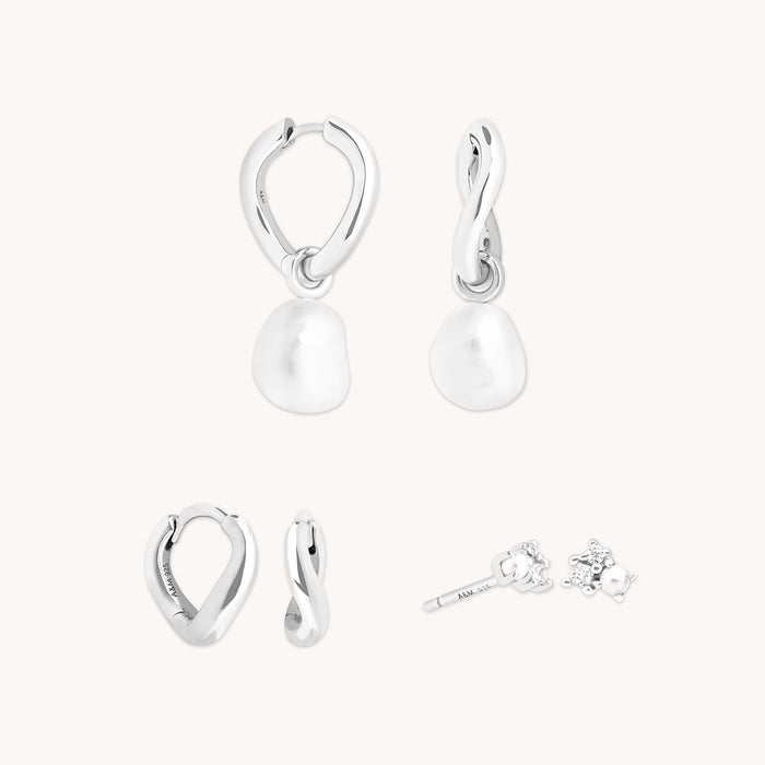 Serenity Pearl Hoops Stacking Set in Silver
