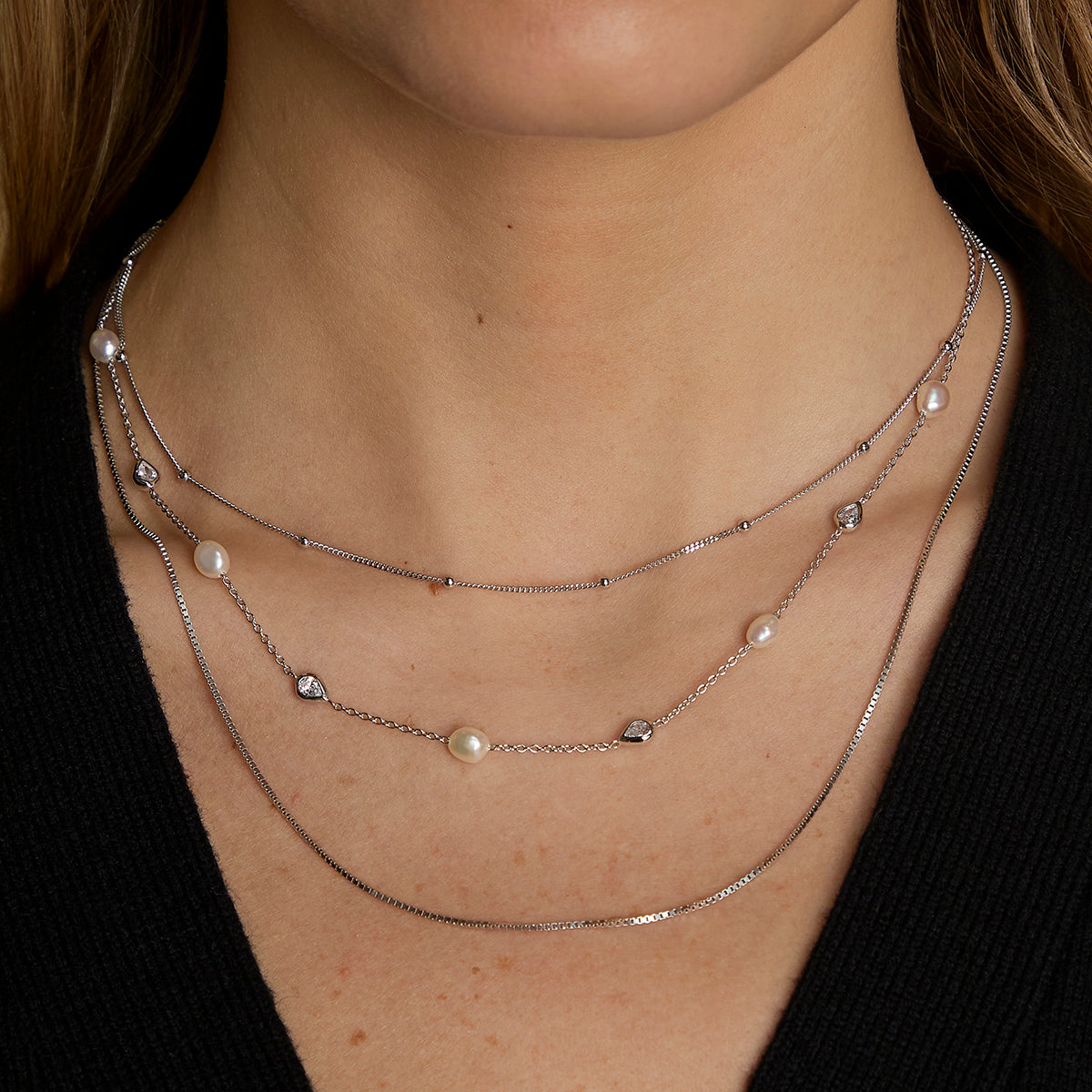 Essential Pearl Necklace Stacking Set in Silver