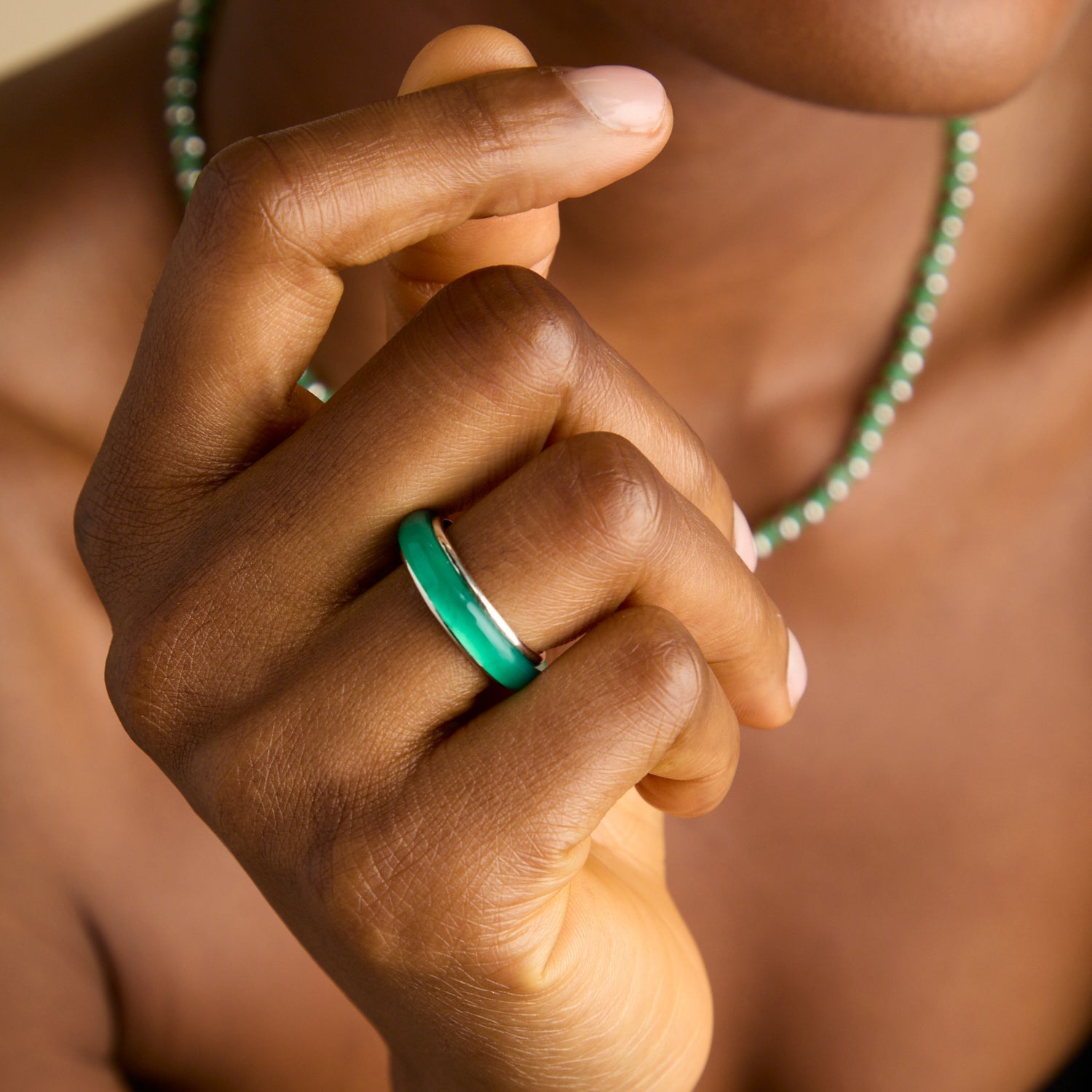 Green Agate Carved Stone Ring in Silver