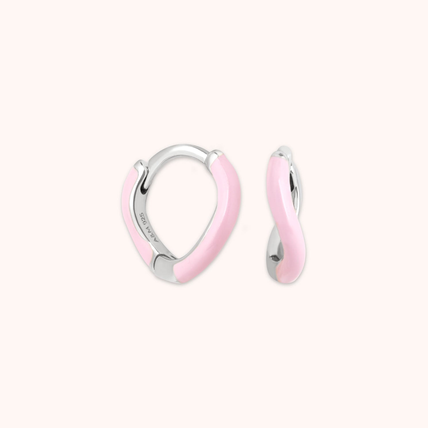 Wave Pink Enamel Huggies in Silver