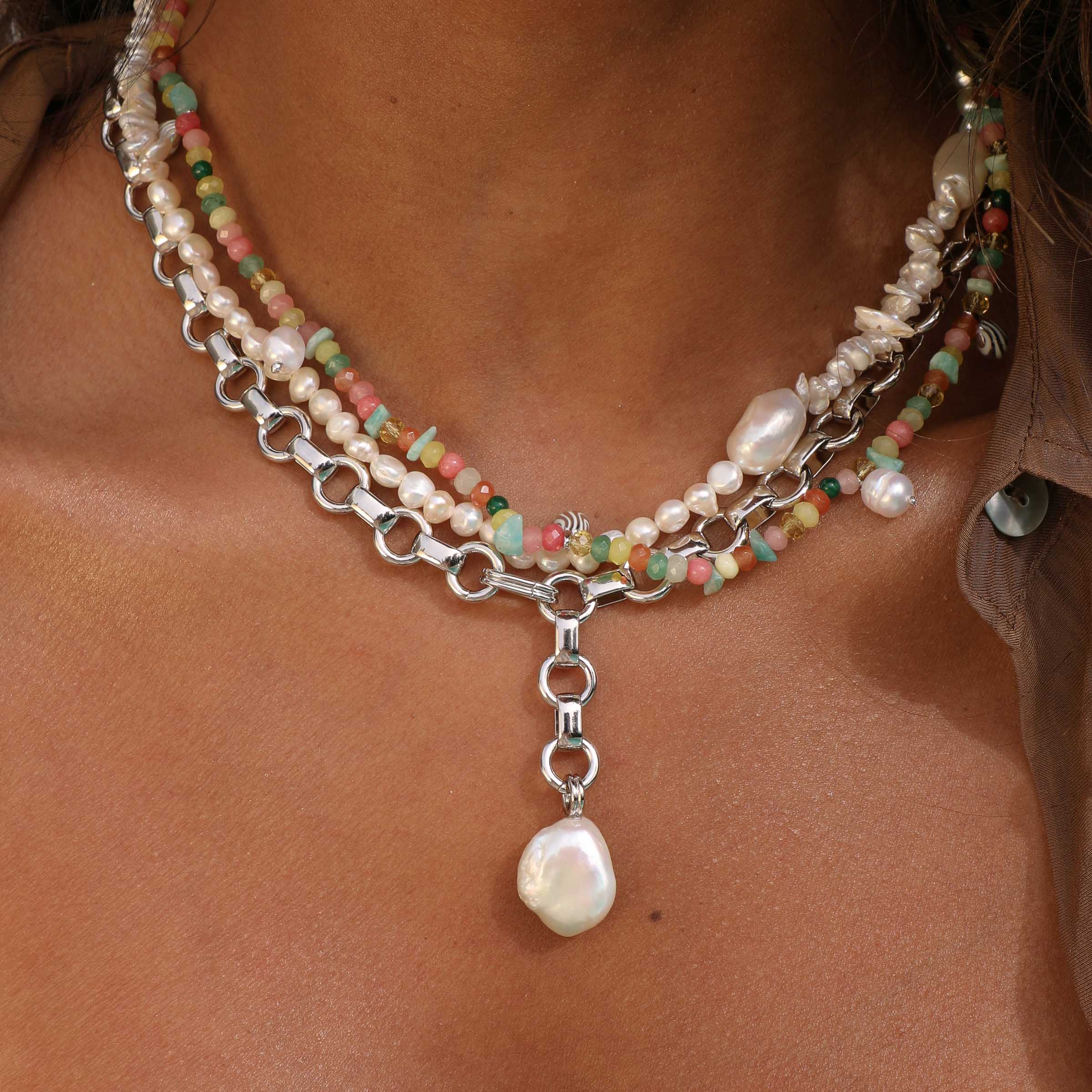 Pearl Link Chain Necklace in Silver worn layered