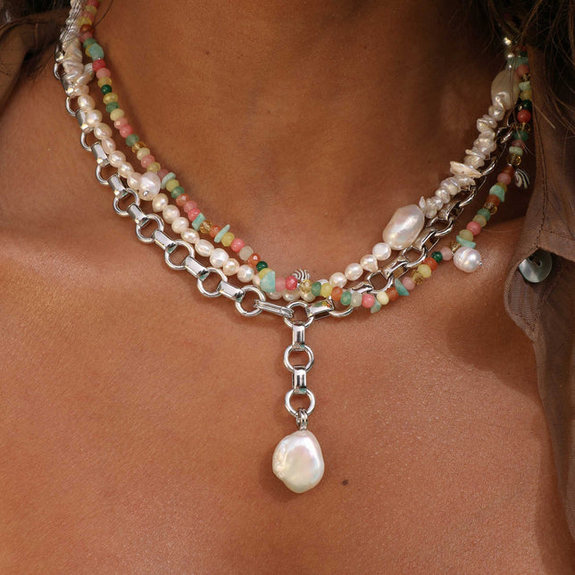 Pearl Beaded T-Bar Necklace in Silver worn layered