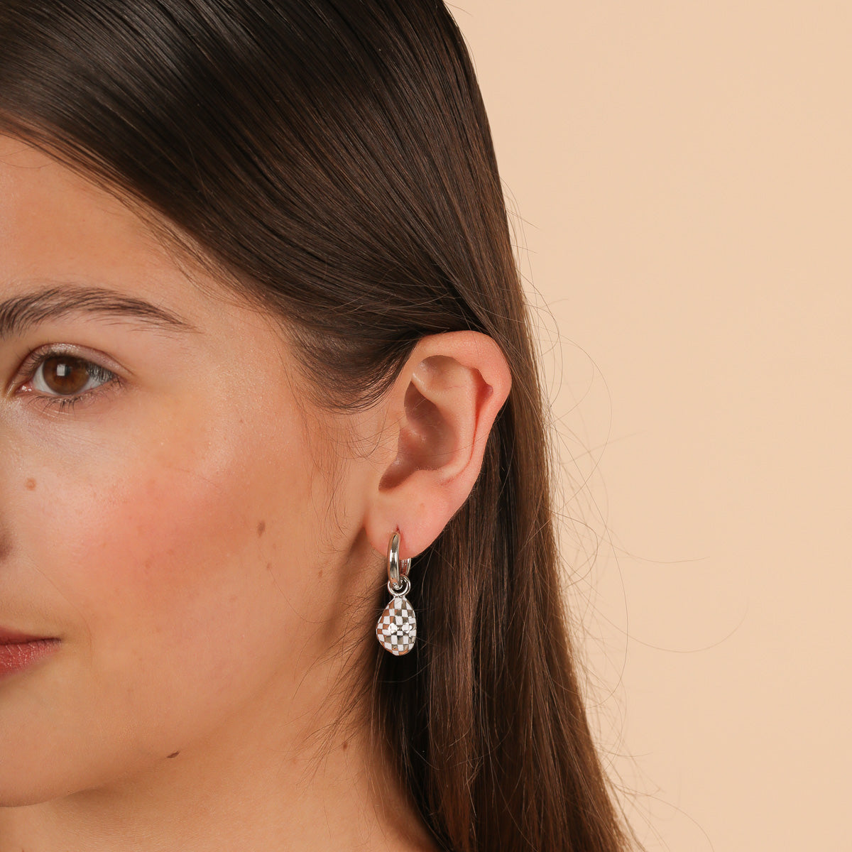 Checkerboard Pendant Hoops in Silver worn