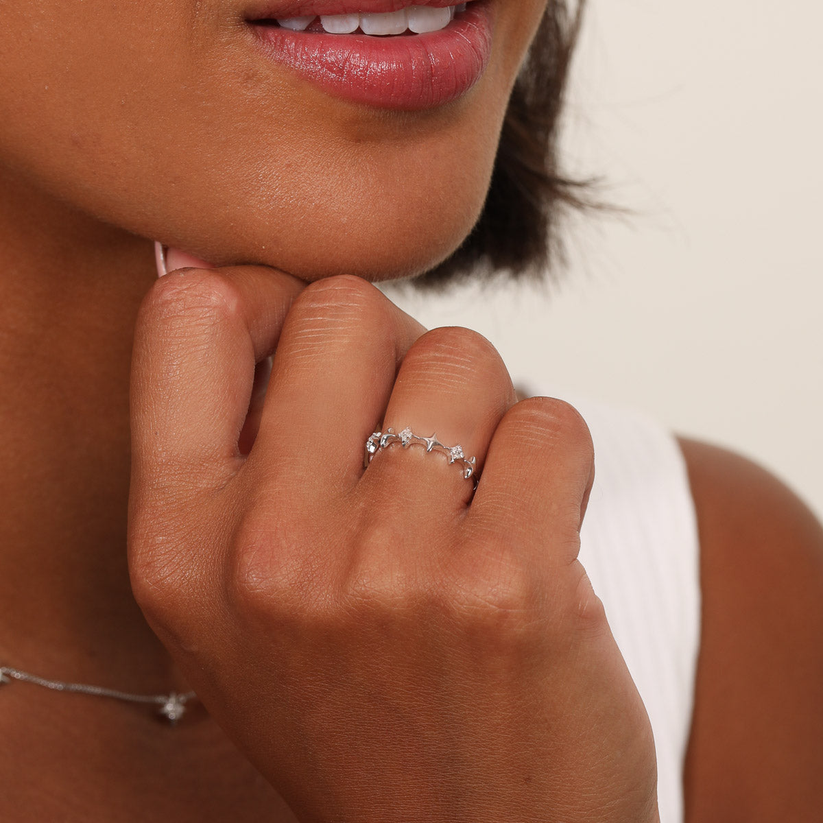 Cosmic Star Stacking Ring in Silver worn