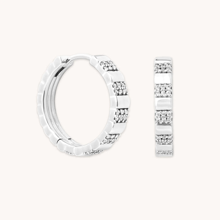 Pleated Crystal Hoops in Silver