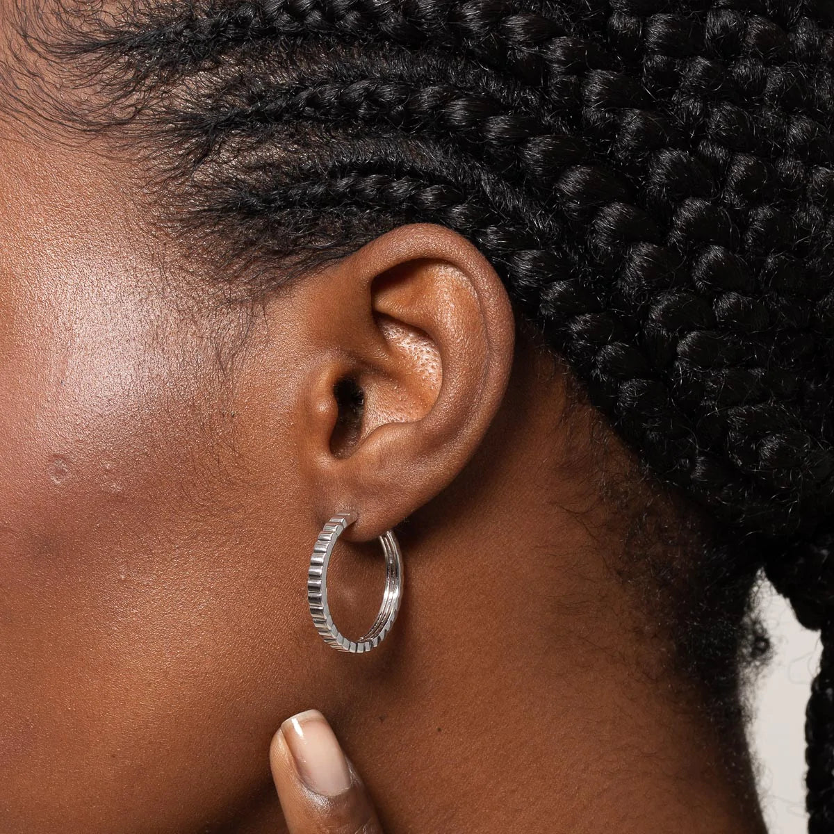 Pleated Hoops in Silver worn