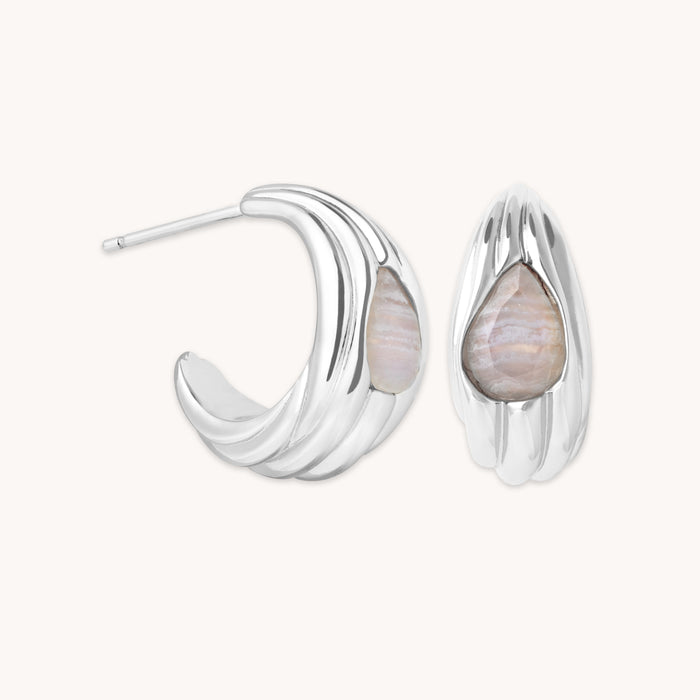 Agate Wave Dome Hoops in Silver