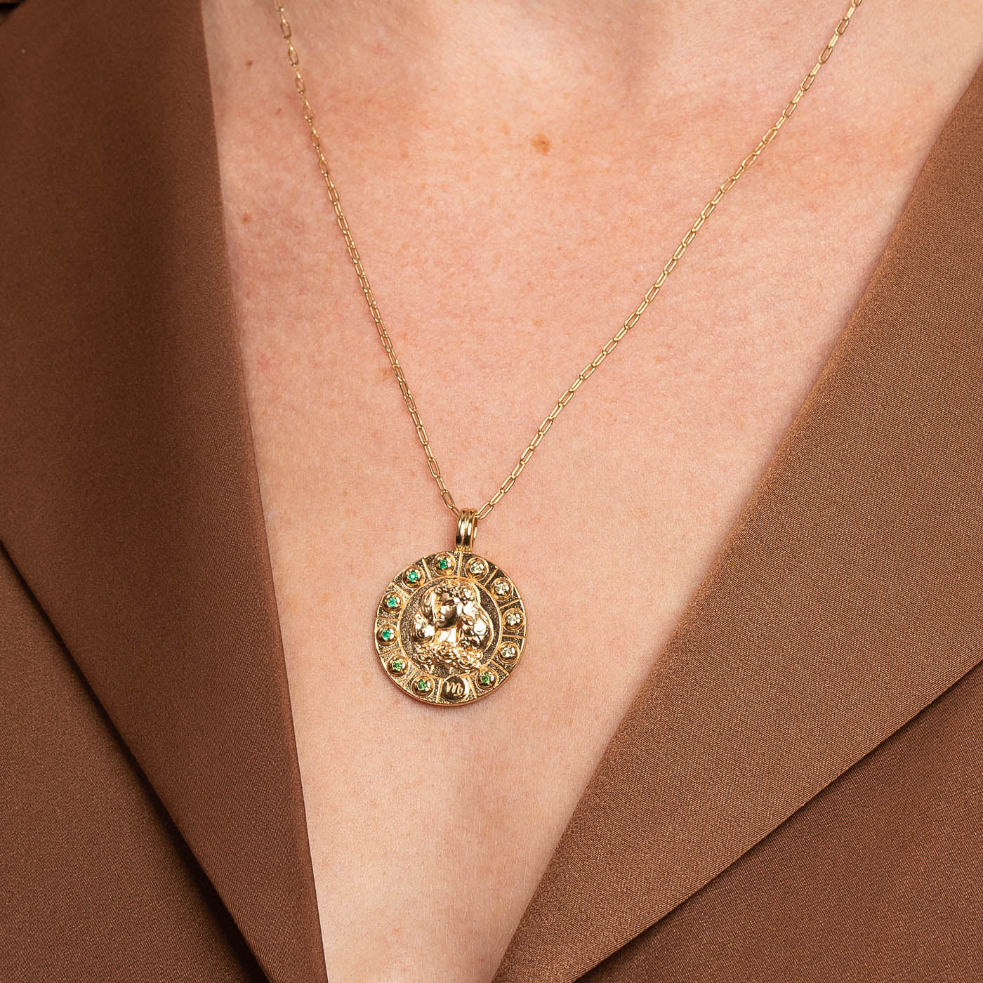 Virgo Bold Zodiac Pendant Necklace in Gold worn