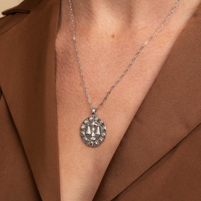 Libra Bold Zodiac Pendant Necklace in Silver worn