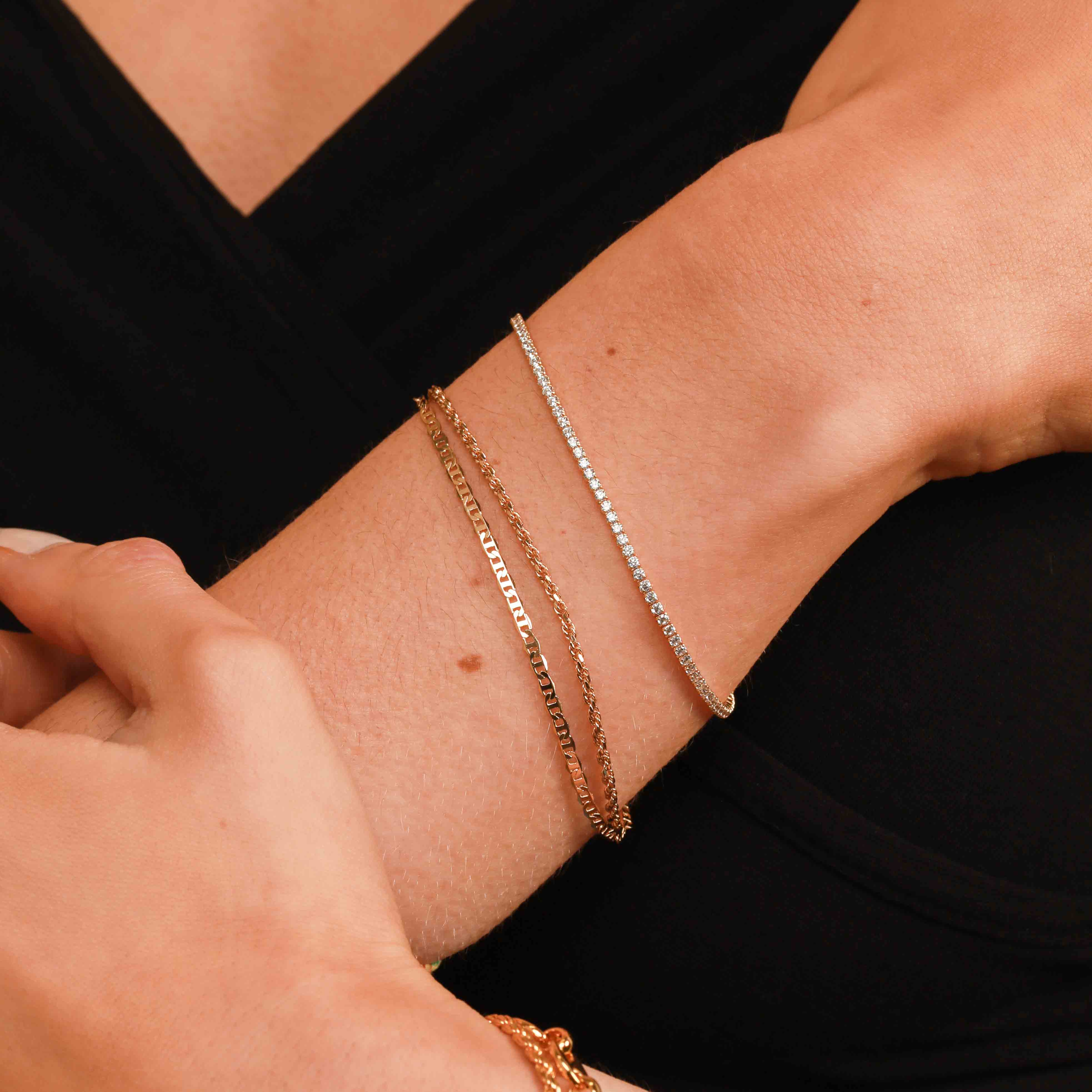 Duo Chain Bracelet in Gold worn with Tennis bracelet