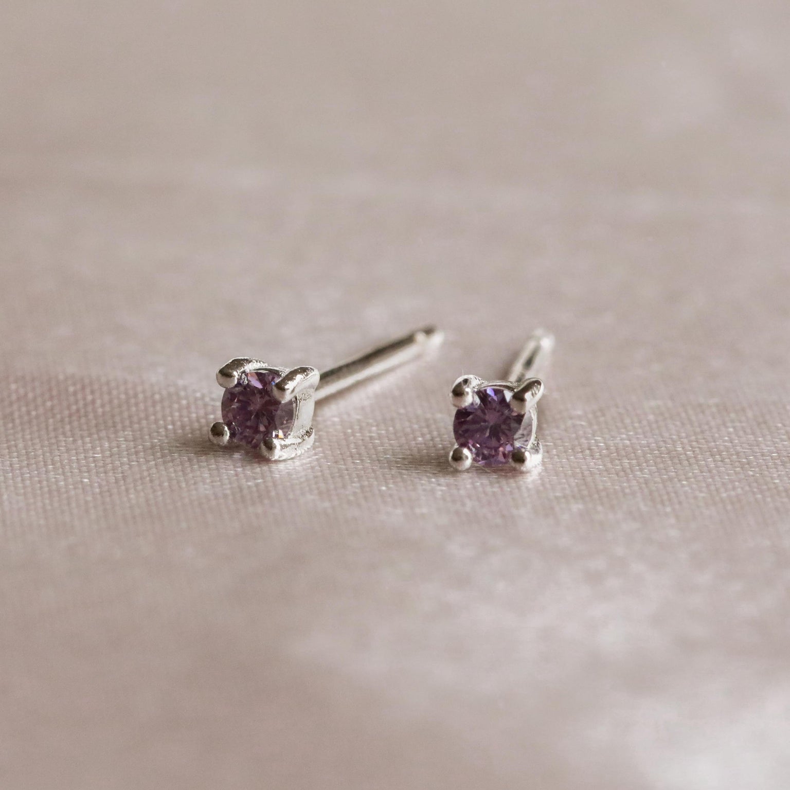 February Birthstone Stud Earrings in Silver with Amethyst CZ