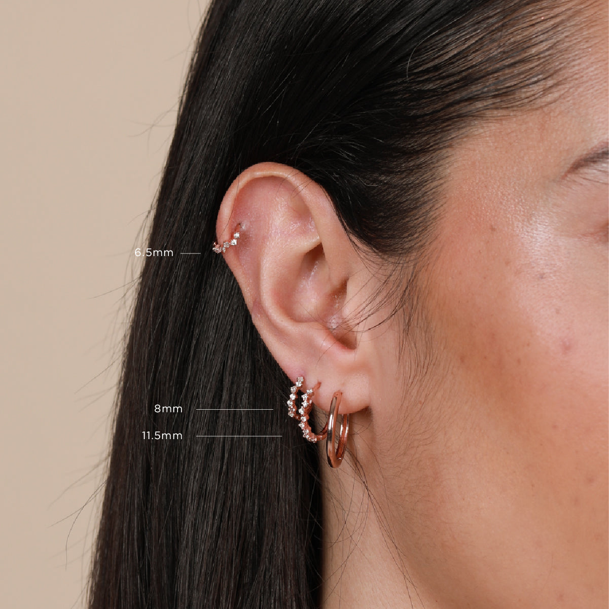 Cluster Hoops 6.5mm, 8mm & 11.5mm in Rose Gold worn