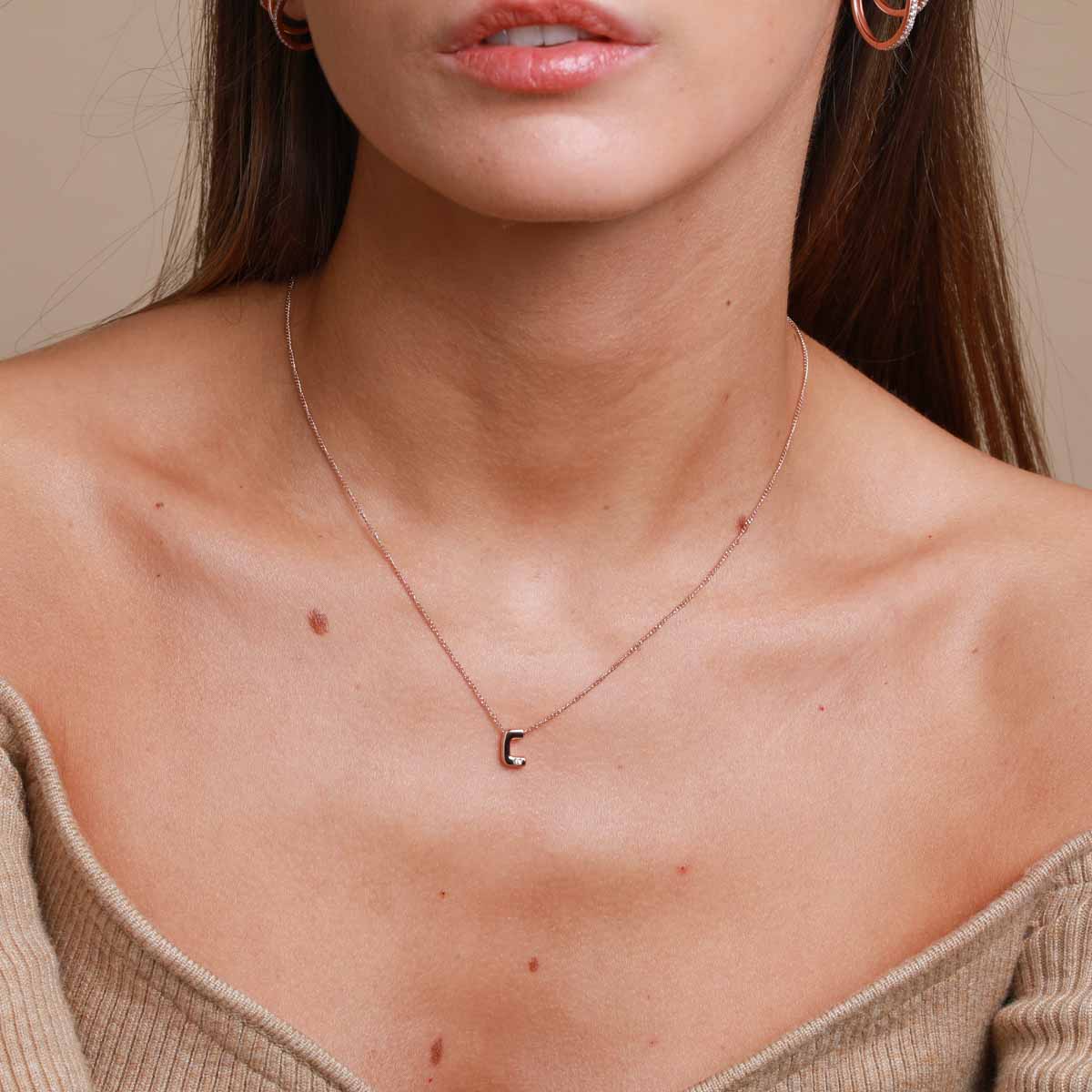 C Initial Pendant Necklace in Rose Gold worn