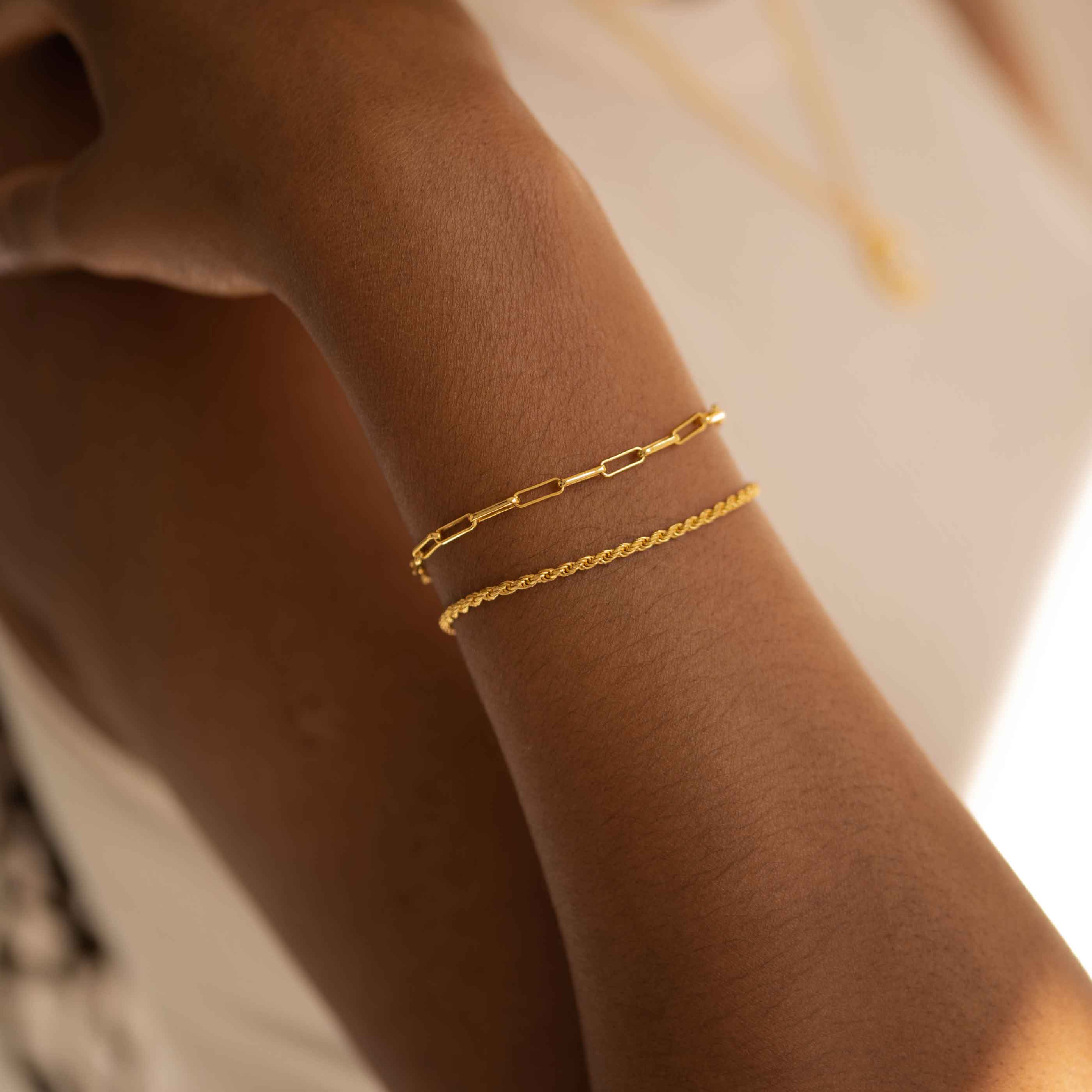 Rope Chain Bracelet in Gold worn with link chain bracelet