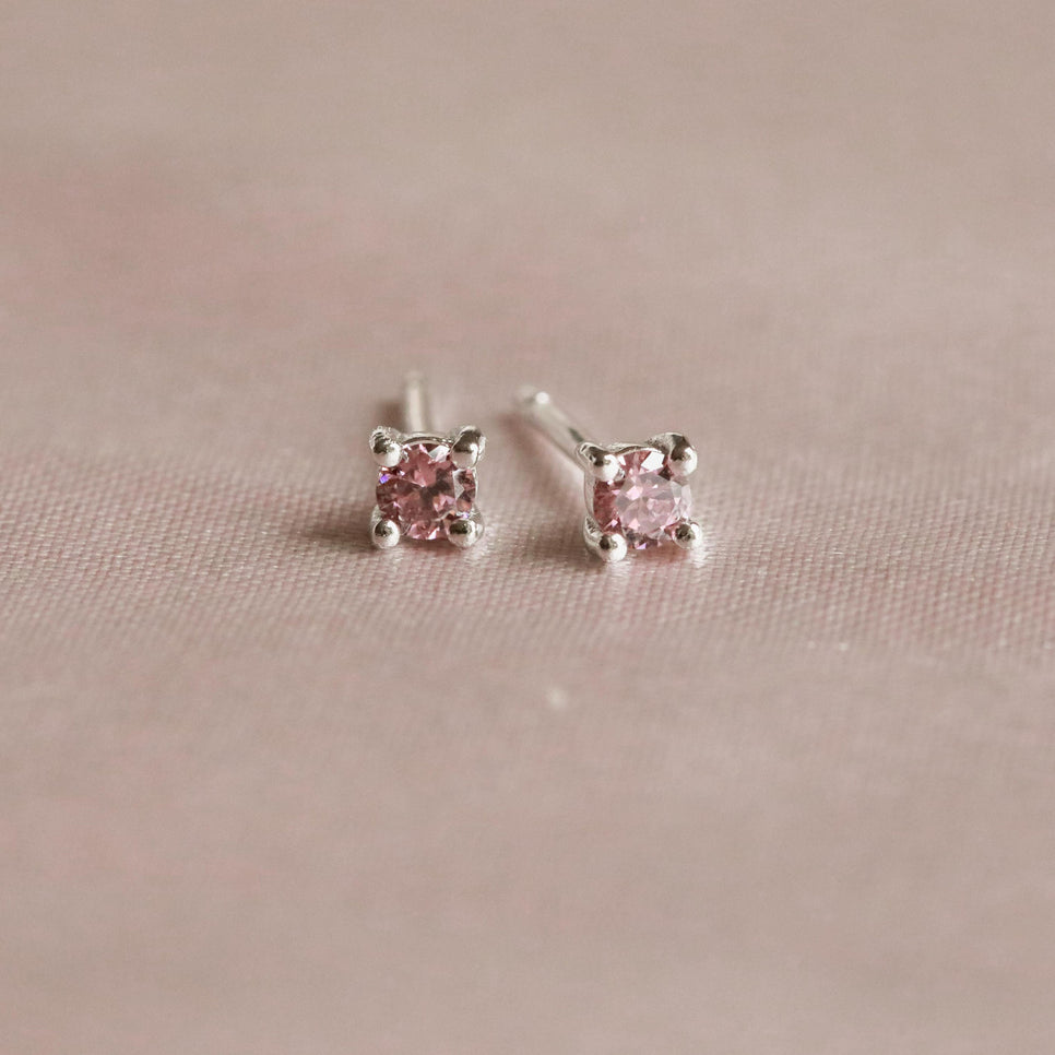 October Birthstone Stud Earrings in Silver with Pink Tourmaline CZ