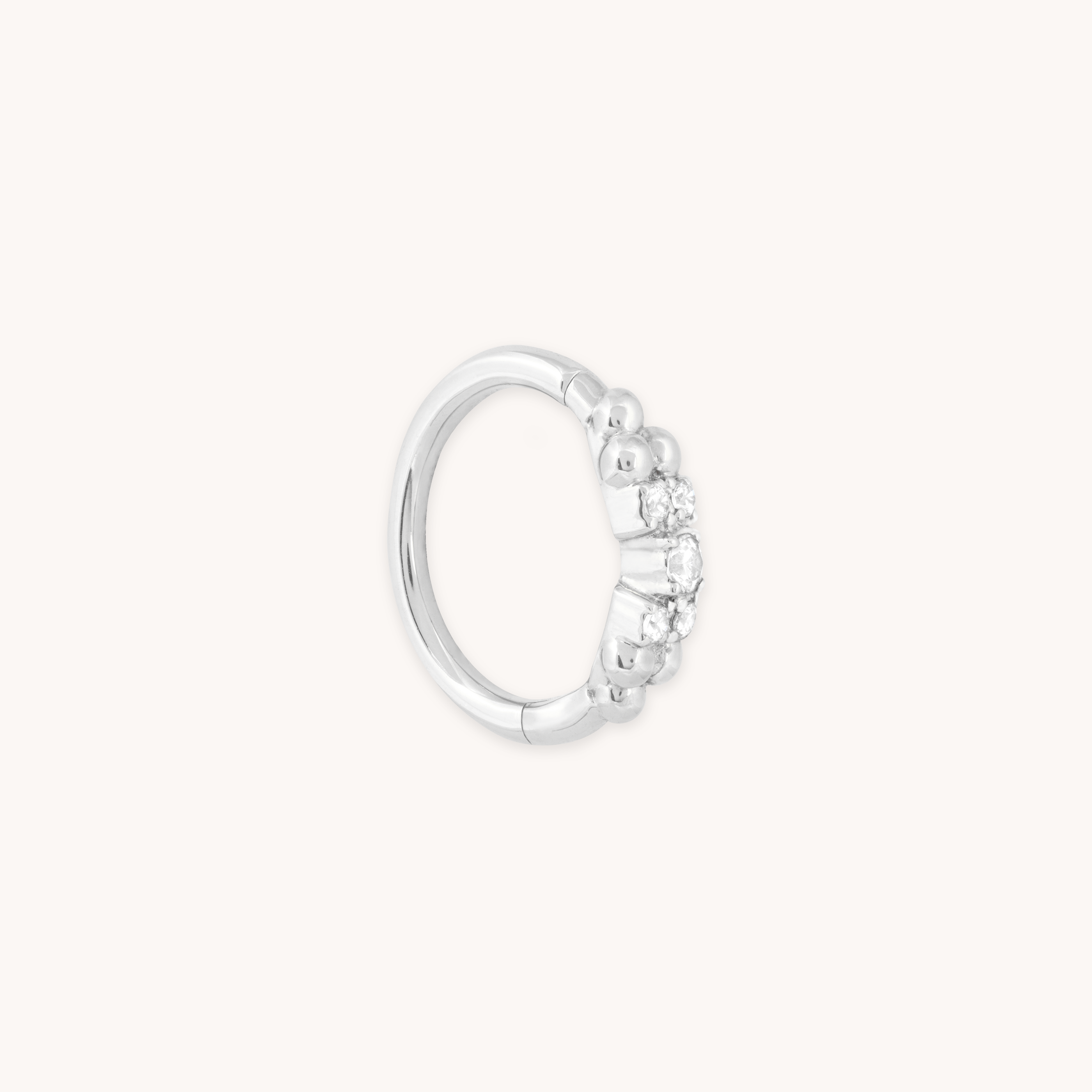 SOLID WHITE GOLD BEADED CRYSTAL PIERCING HOOP CUT OUT