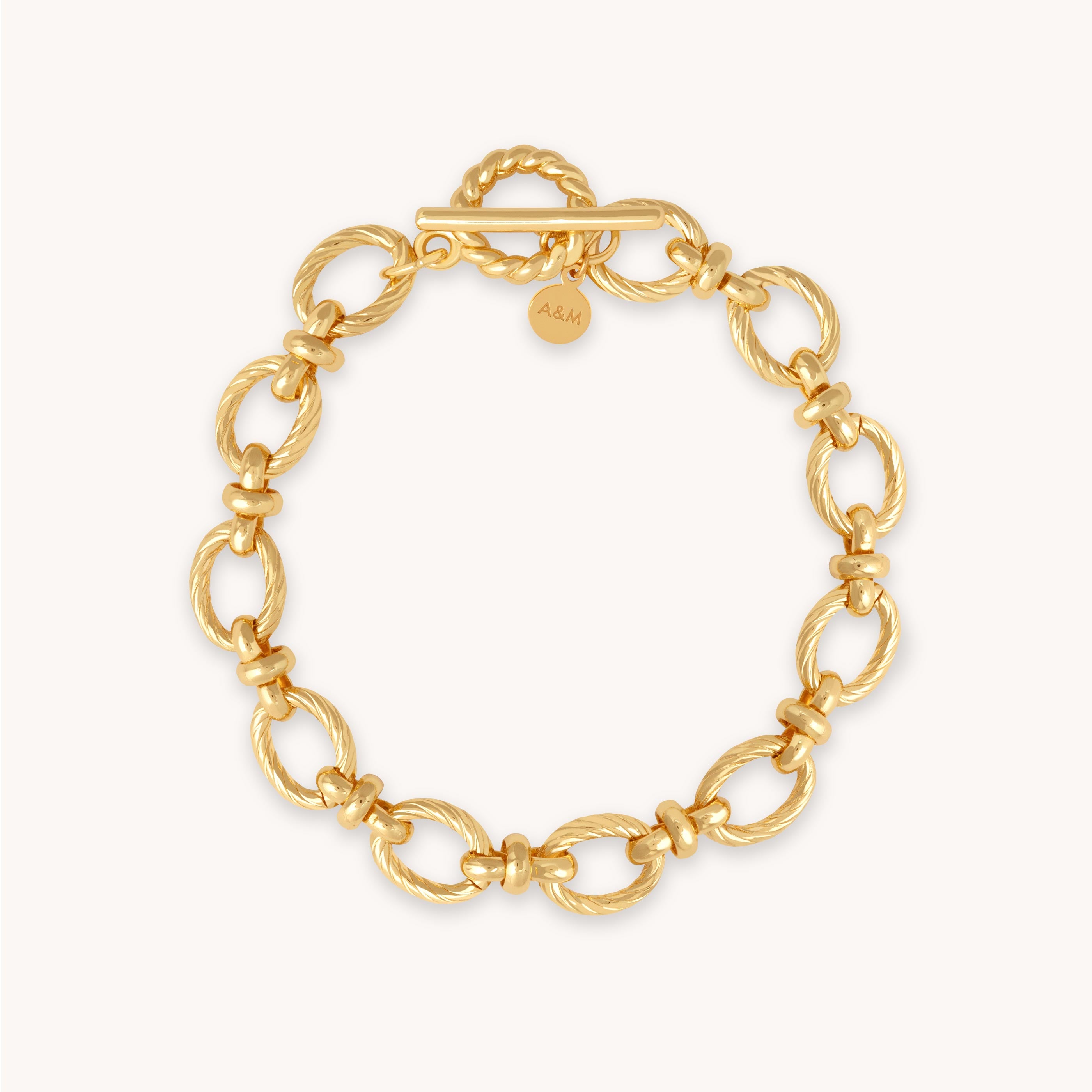 Textured Oval Link T-Bar Bracelet in Gold