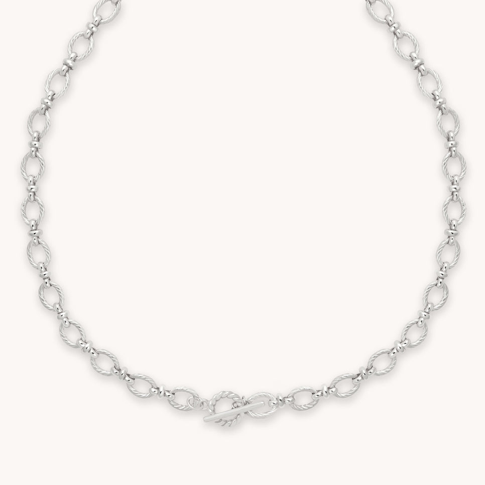 Textured Oval Link T-Bar Necklace in Silver