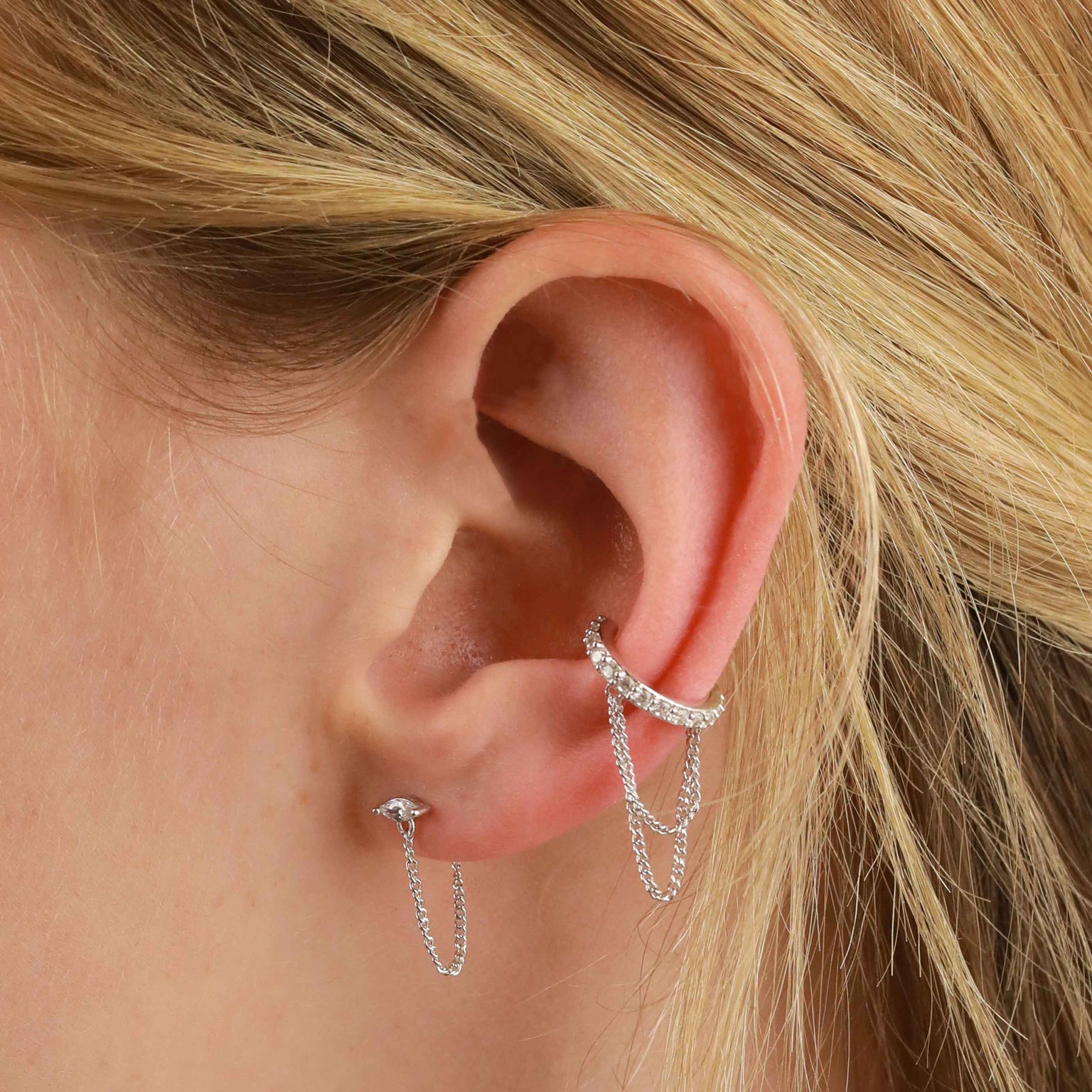 Crystal Chain Ear Cuff in Silver